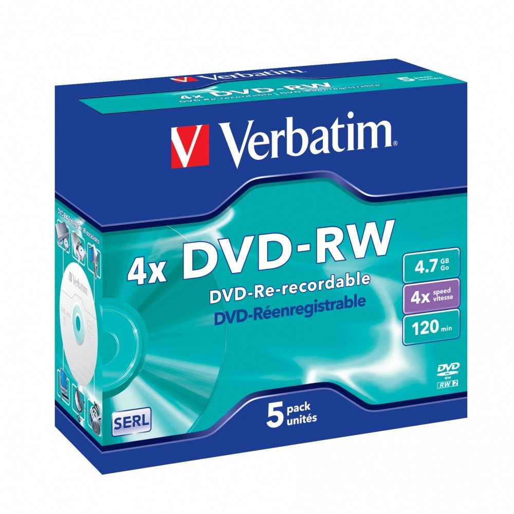 Verbatim DVD-Rohling Verbatim DVD-RW 4x 4.7GB 5er Pack DVD-Rohlinge, Hochwertige MKM/Verbatim-Technologie