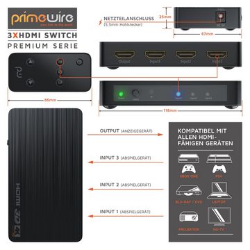 Primewire Audio / Video Matrix-Switch, Ultra HD 4k 3-Port Switch, UHD Verteiler, Umschalter mit Fernbedienung
