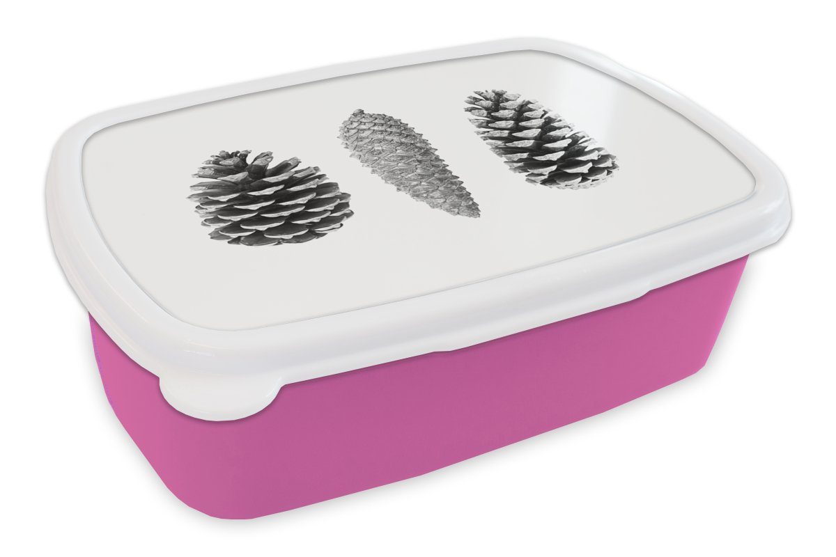 MuchoWow Lunchbox Tannenzapfen - Natur - Schwarz und Weiß - Herbst, Kunststoff, (2-tlg), Brotbox für Erwachsene, Brotdose Kinder, Snackbox, Mädchen, Kunststoff rosa
