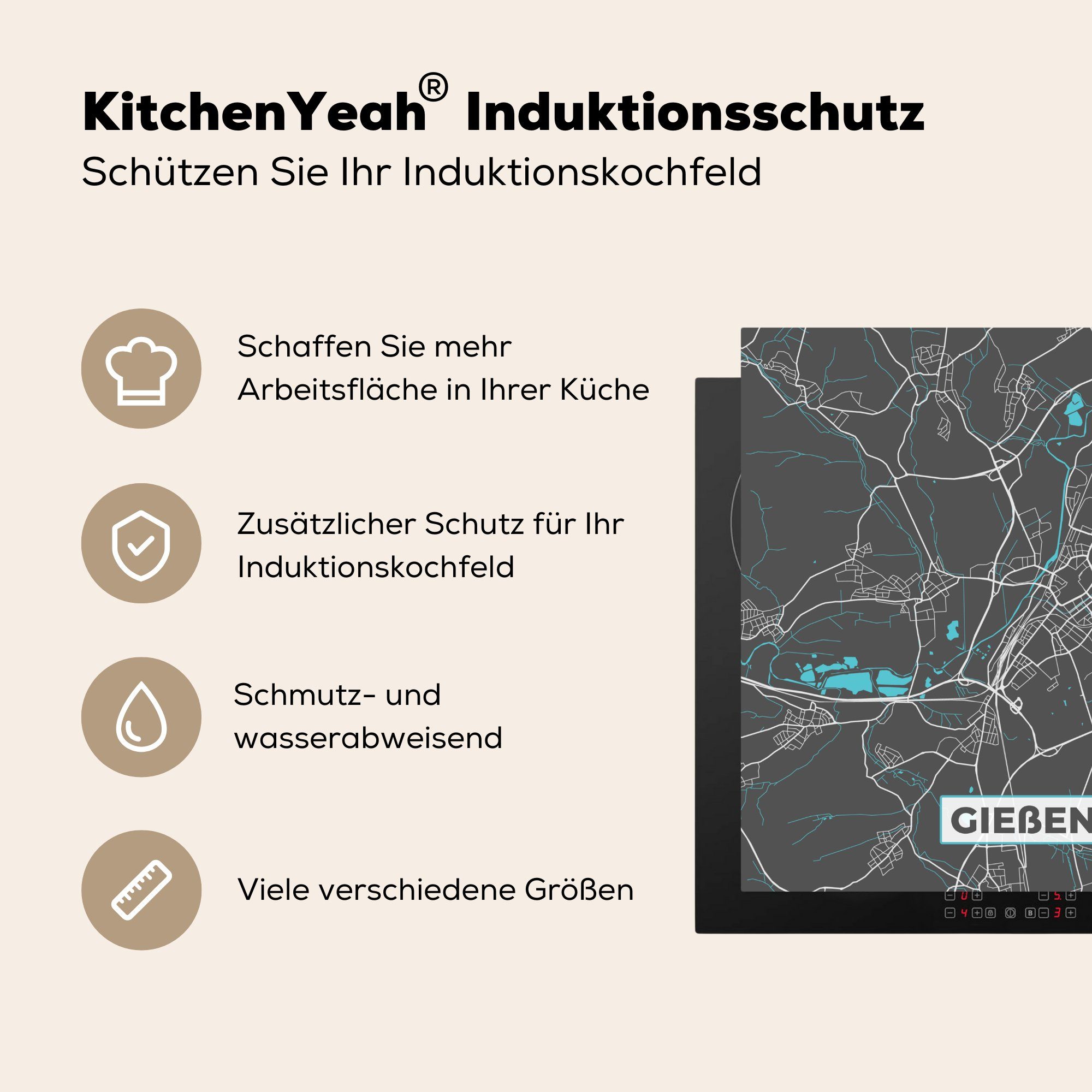 cm, - (1 78x78 Vinyl, Karte tlg), Deutschland Ceranfeldabdeckung, küche Gießen für - Arbeitsplatte Blau, - MuchoWow Stadtplan - Herdblende-/Abdeckplatte