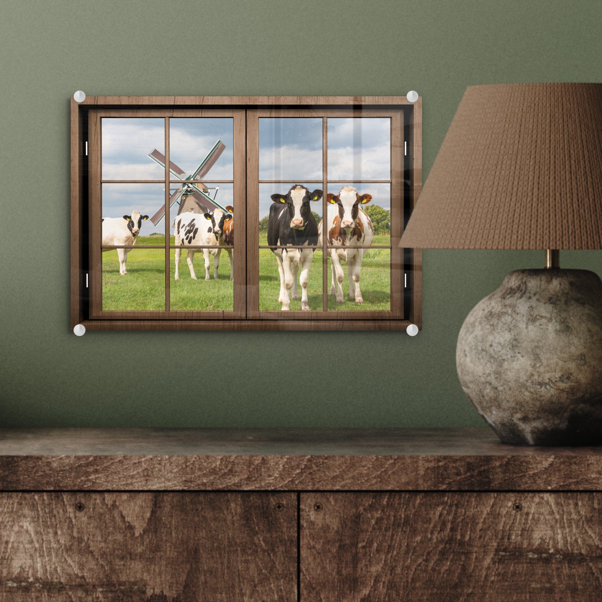 Wanddekoration Glas Wandbild auf auf Glas - (1 - MuchoWow Kuh, Foto Acrylglasbild - Bilder Mühle - Ansicht - St), Glasbilder