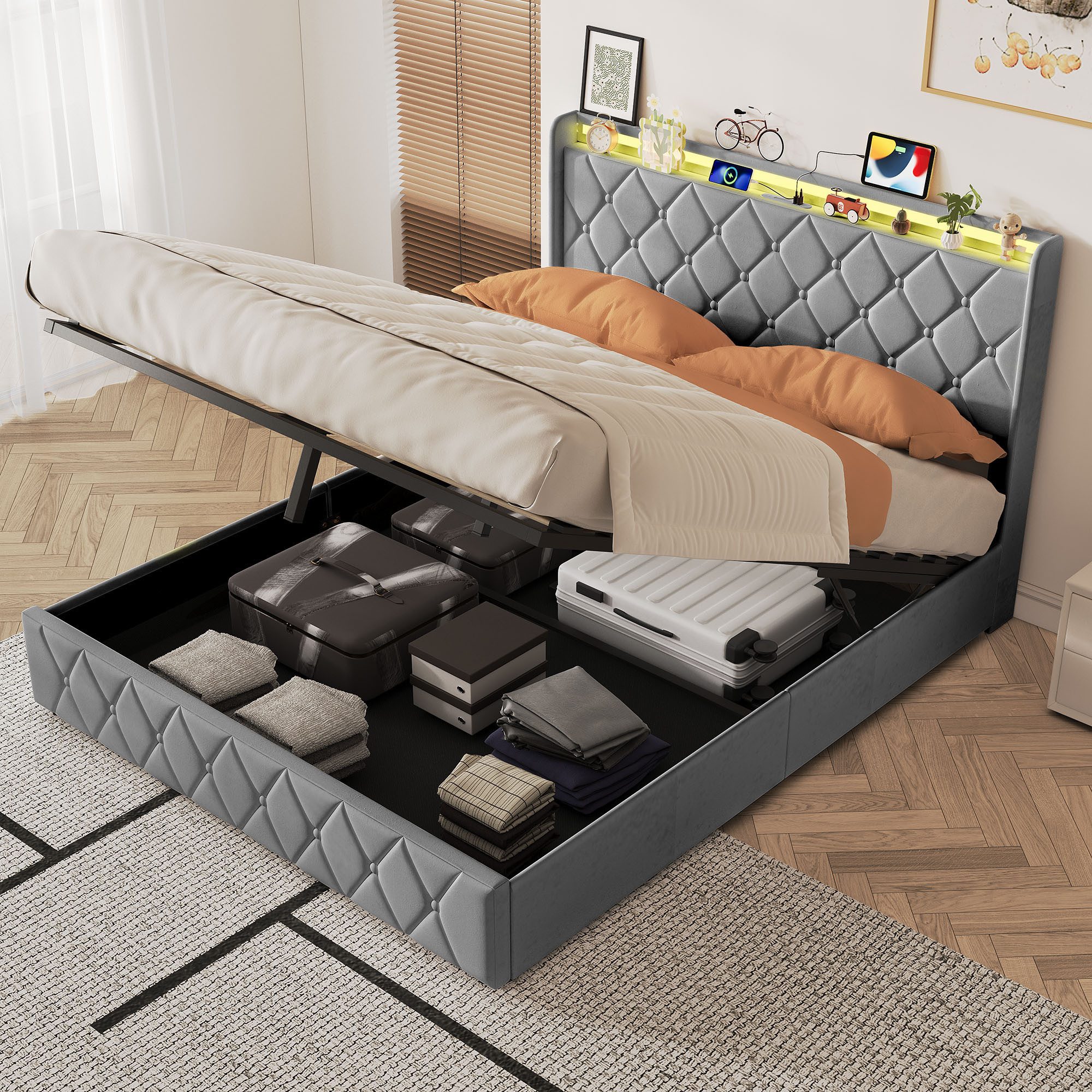 zebery Stauraumbett Polsterbett Doppelbett Mit USB+Typ C und LED-Leuchten (Packung, 1-tlg., Jugendbett), 140x200 cm,Mit Bettkasten,Kopfteil und Bettgestell,Samtstoff - Grau