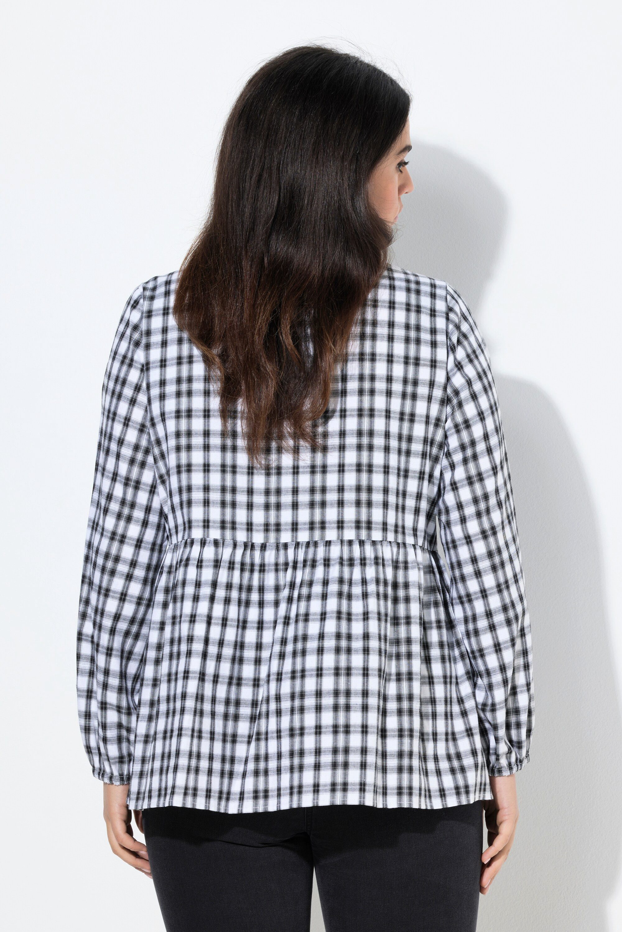 Ulla Popken Longbluse Bluse Karomuster Volantsaum Stehkragen Langarm