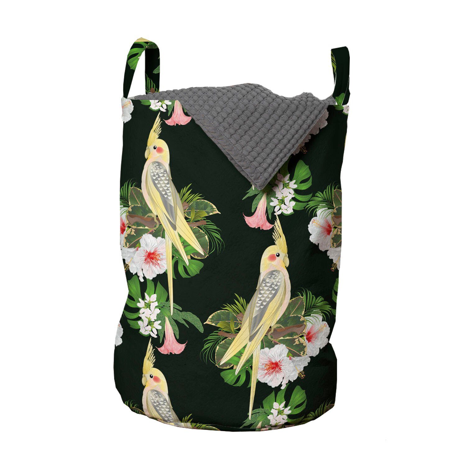 Abakuhaus Wäschesäckchen Wäschekorb mit Griffen Kordelzugverschluss für Waschsalons, Gelber Vogel Parrot und exotische Flora