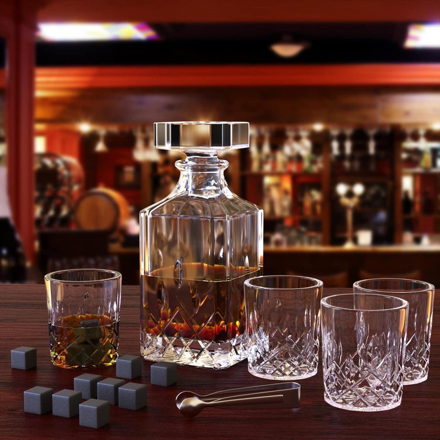 LuxusKollektion Dekanter Whiskey Karaffe Set 750ml mit 4 Whiskeygläsern 12 Steine in Holzkiste