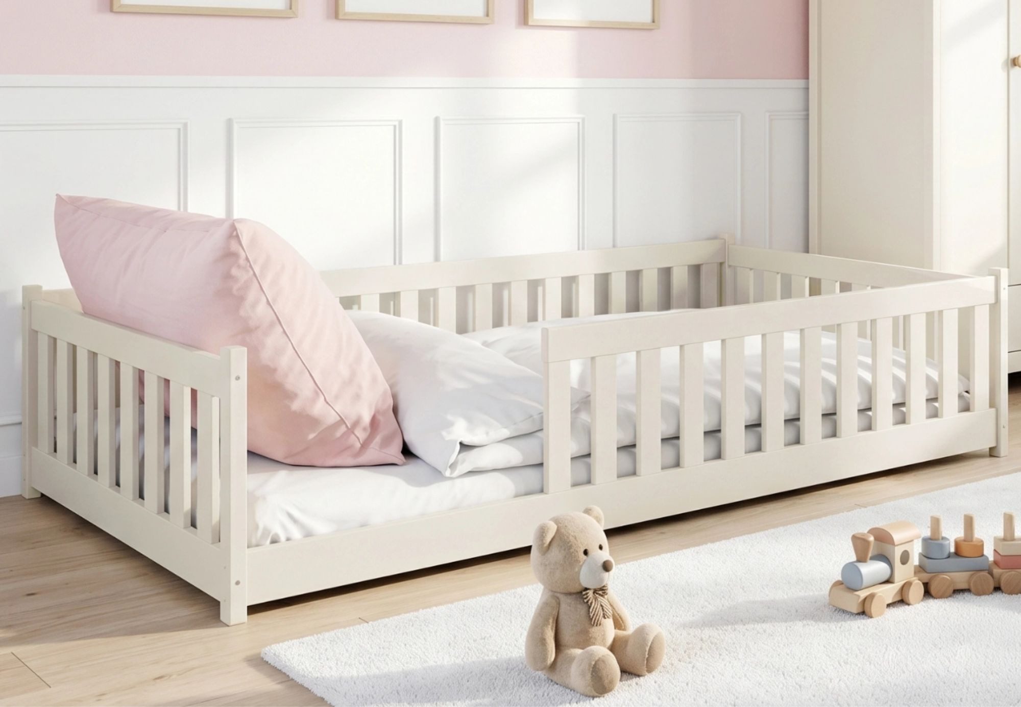 Kids Collective Kinderbett Bodenbett Bett mit Rausfallschutz & Lattenrost Montessori Bett Kinder (Jungen, Mädchen, Kinder, weitere Größen 80x160, 80x180, 90x190, 90x200, 140x200 cm), Gitterbett Jugendbett Einzelbett Baumwolle 120x200 cm