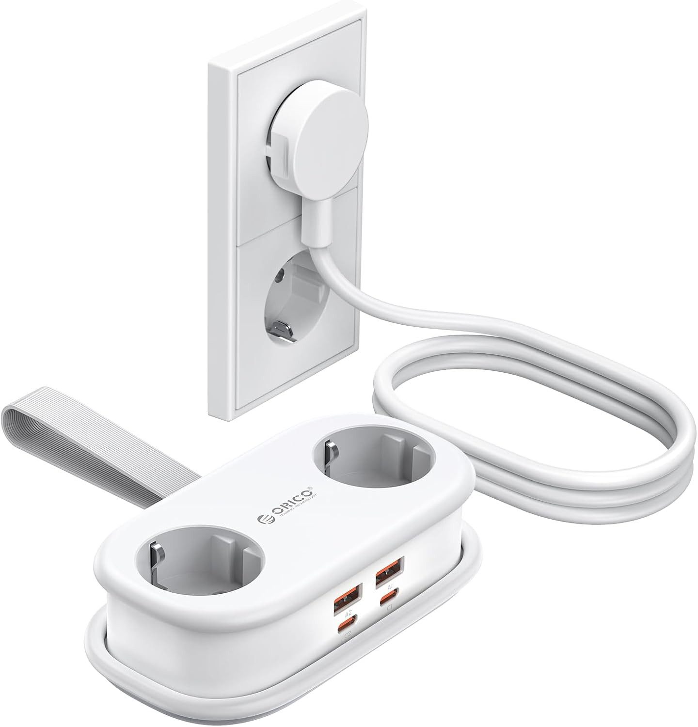 ORICO ORICO 65W GaN Mehrfach-Steckdosenleiste für Reisen, Schnellladung Mehrfachsteckdose 2-fach (6-in-1: 4x USB-A & USB-C, USB-Anschluss, Kindersicherung, Kabellänge 1.6 m), kompakter Mehrfachstecker für MacBook iPad iPhone Laptop
