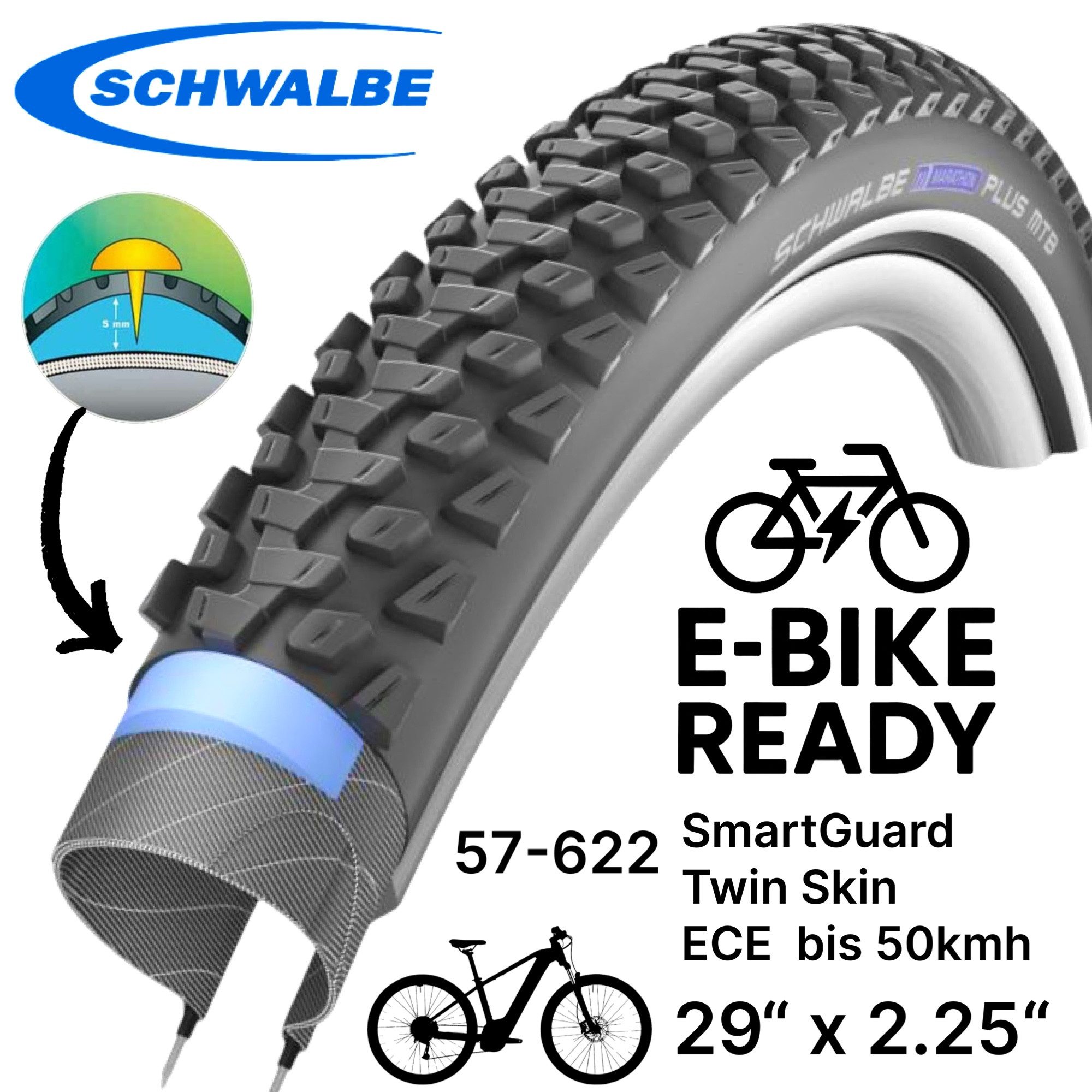 Fahrradschlauch Schwalbe Marathon Plus MTB Ebike SG 29x2,25" E-50 Reflex Drahtreifen