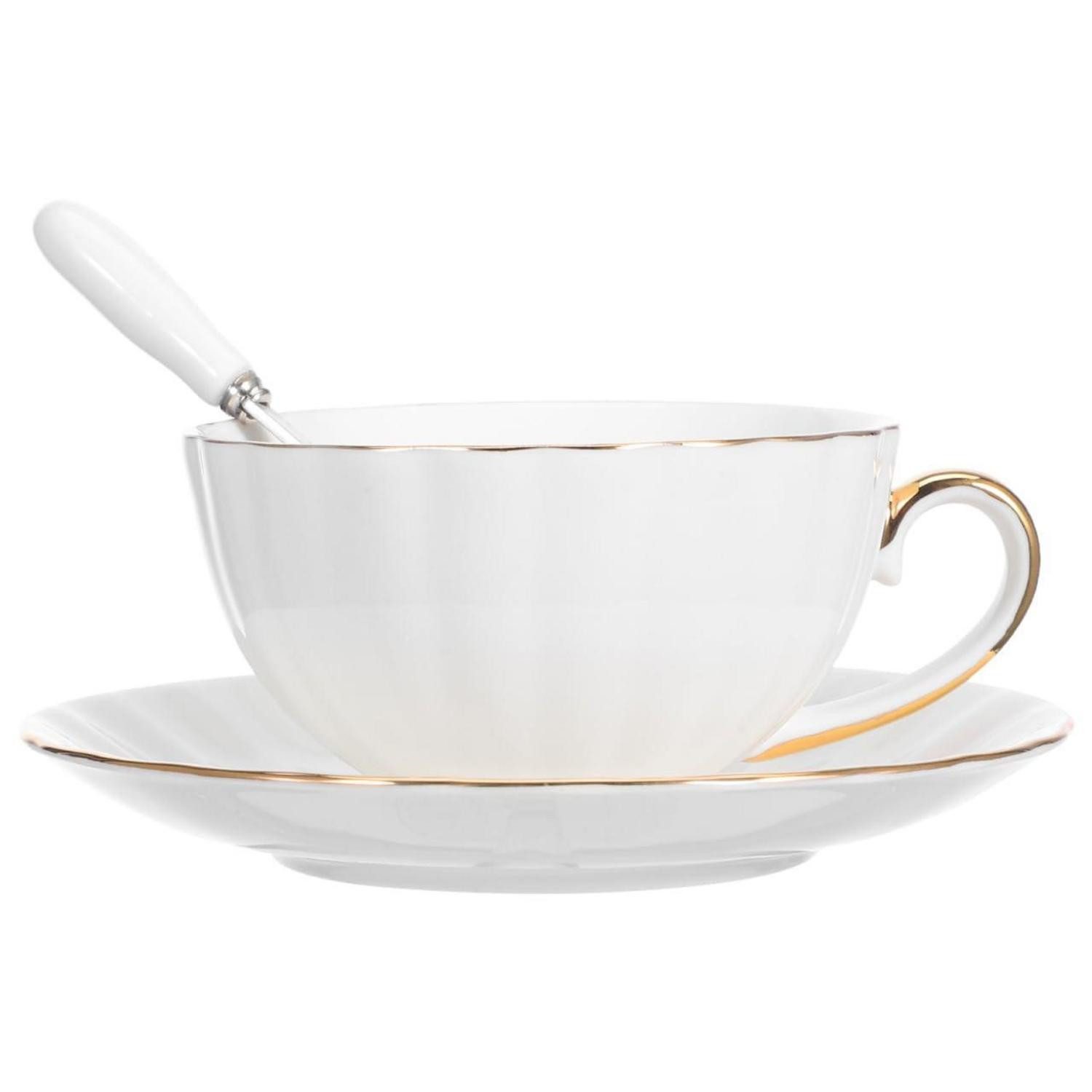 LuxusKollektion Kaffeeservice Kaffeetassen Set Knochenporzellan Goldrand Weiß, Keramik