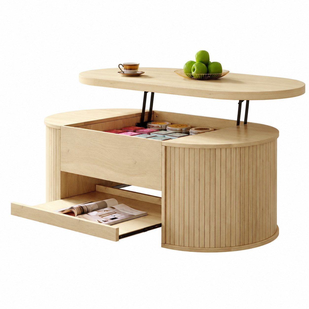 Merax Couchtisch höhenverstellbar Sofatisch Beistelltisch mit gebogenen Holzseiten (1-St., 110x55,5x40 cm), Wohnzimmertisch mit ausziehbaren Regalen und verstecktem Stauraum