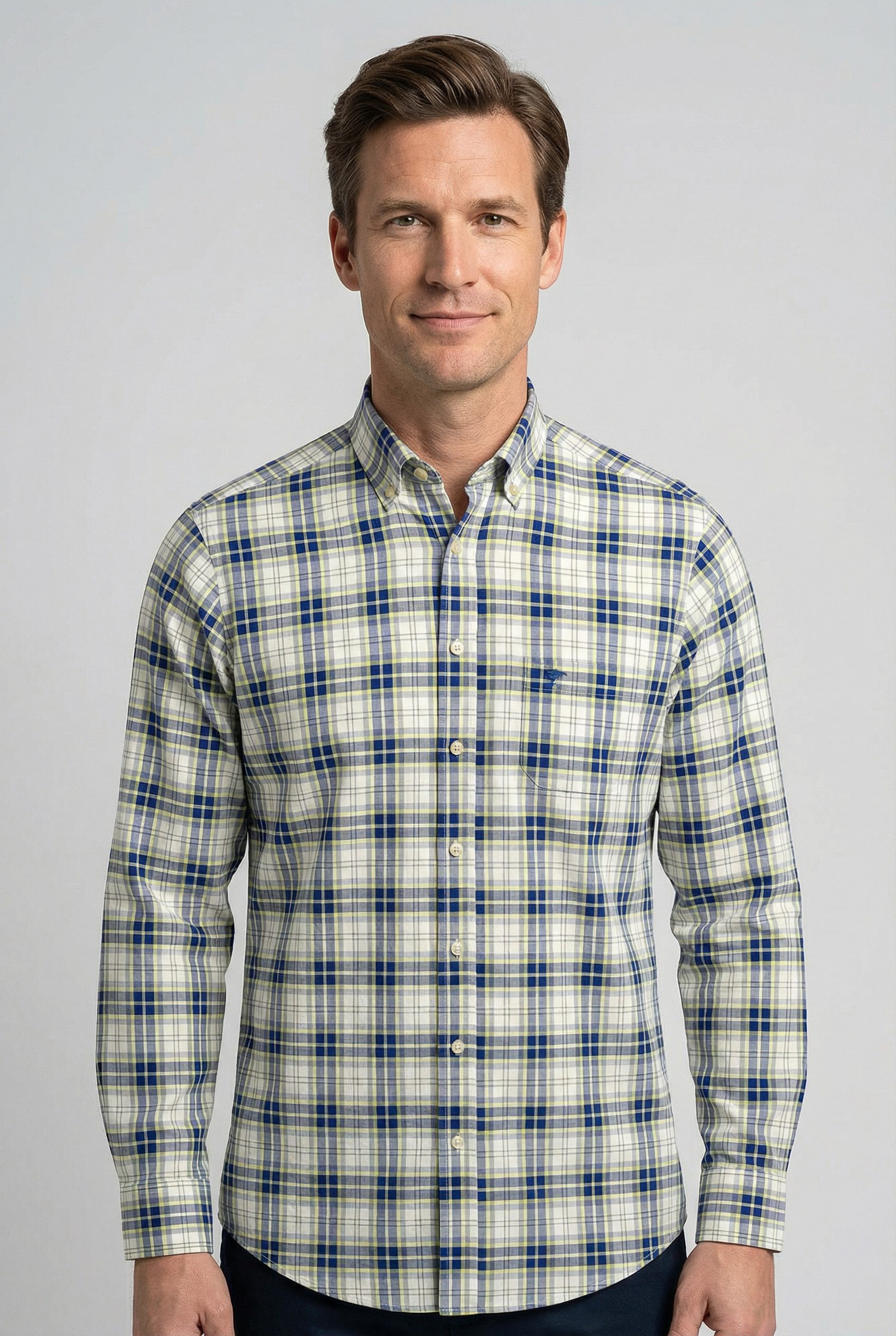FYNCH-HATTON Langarmhemd Washed Oxford Check normale Passform, kariertes Muster, mit Brusttasche