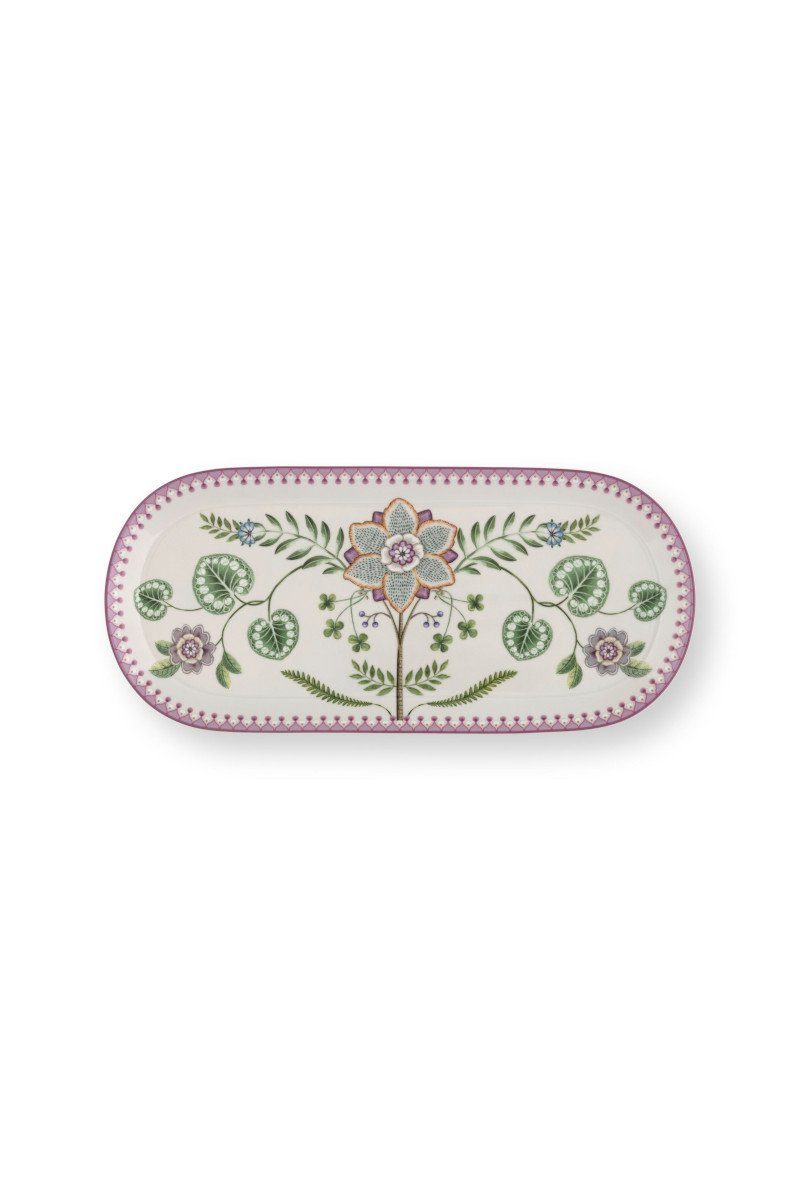 PiP Studio Servierplatte Lily&Lotus Kuchenplatte weiss/lila 33cm, Porzellan, (Platten), Cake Tray Lily&Lotus Off White 33.3x15.5cm