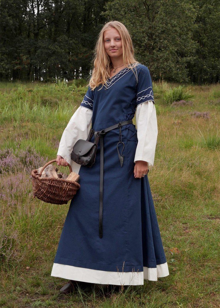Battle Merchant Ritter-Kostüm Hochmittelalterkleid Alvina mit Trompetenärmeln Blau/Natur