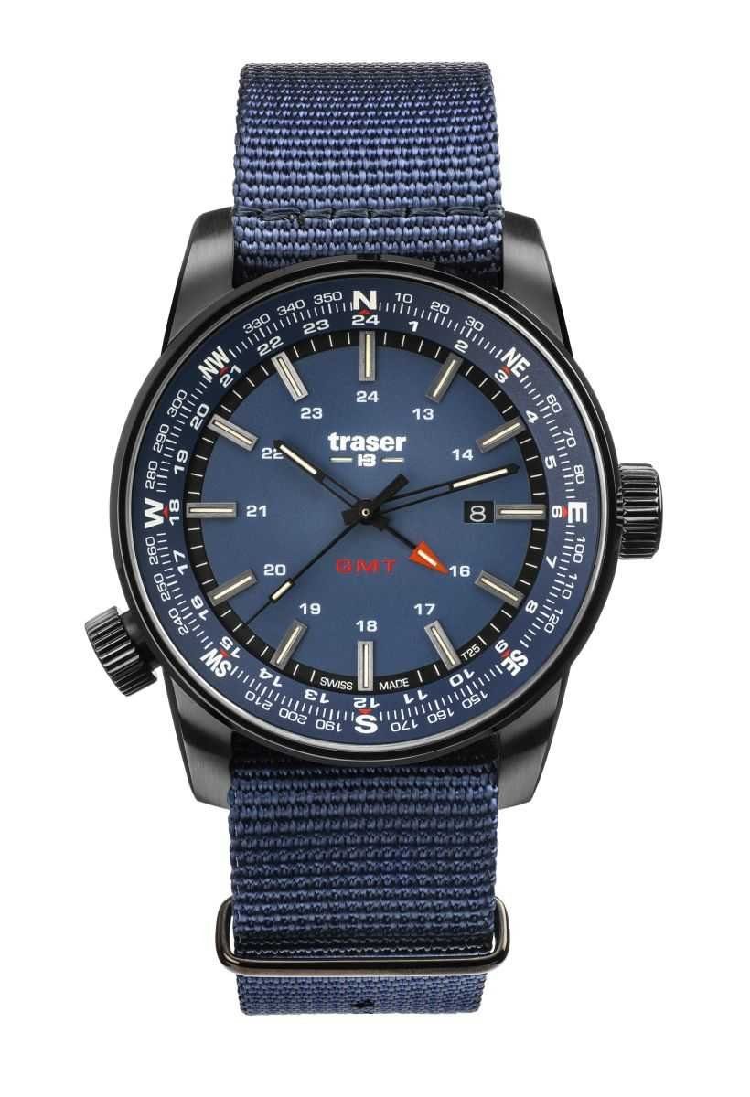 Traser Quarzuhr P68 Pathfinder GMT Herrenuhr Blau 109034 Natoband 46 mm, mit trigalight® Selbstleucht-Technologie