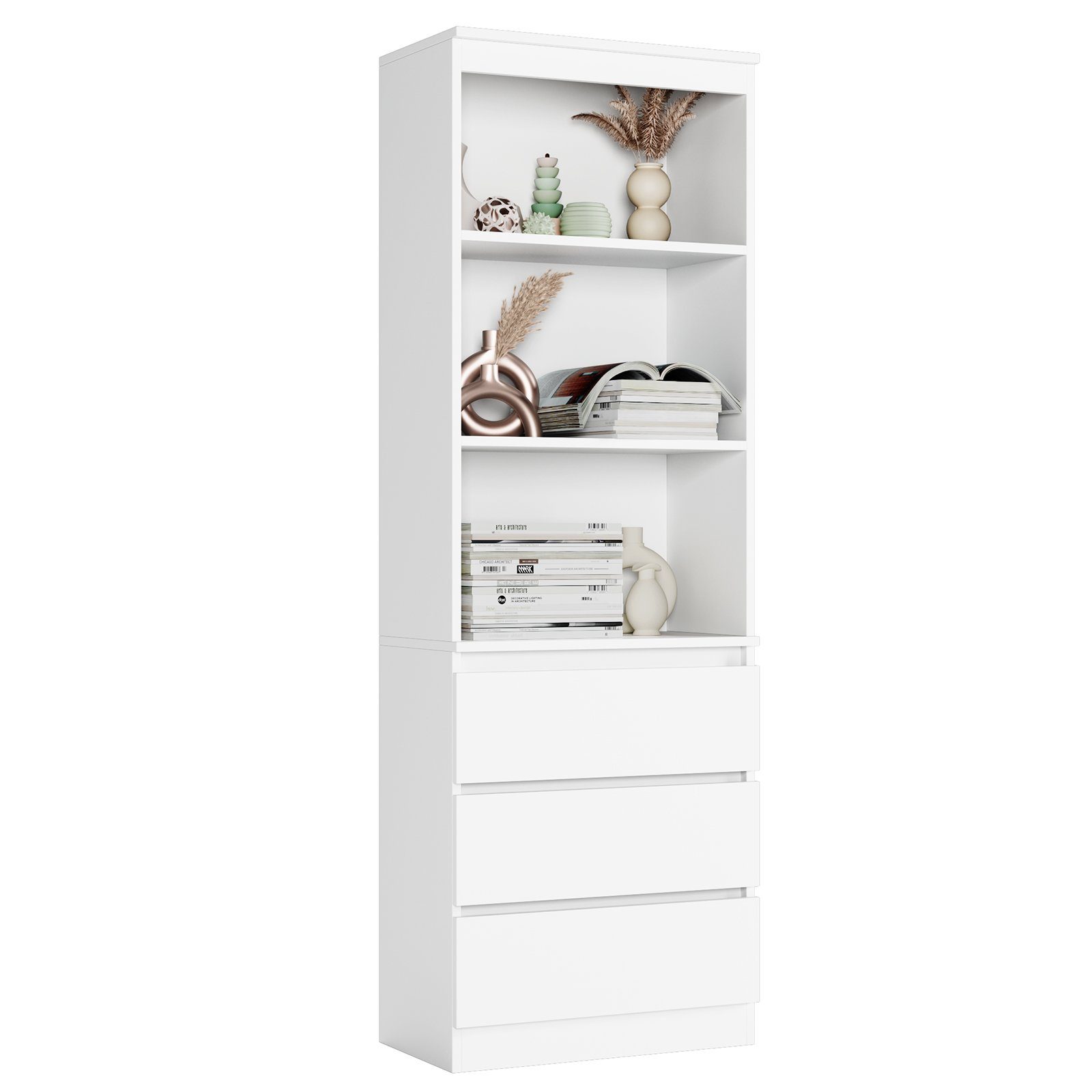 FirFurd Bücherregal 209 Cm Hoch - 7 Fach Regal Mit Türen In Weiß