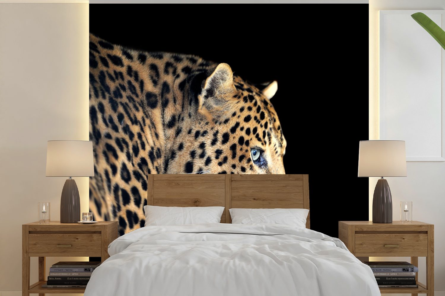 MuchoWow Fototapete Leopard - Tiere - Schwarz, Matt, bedruckt, (5 St), Vinyl Tapete für Wohnzimmer oder Schlafzimmer, Wandtapete