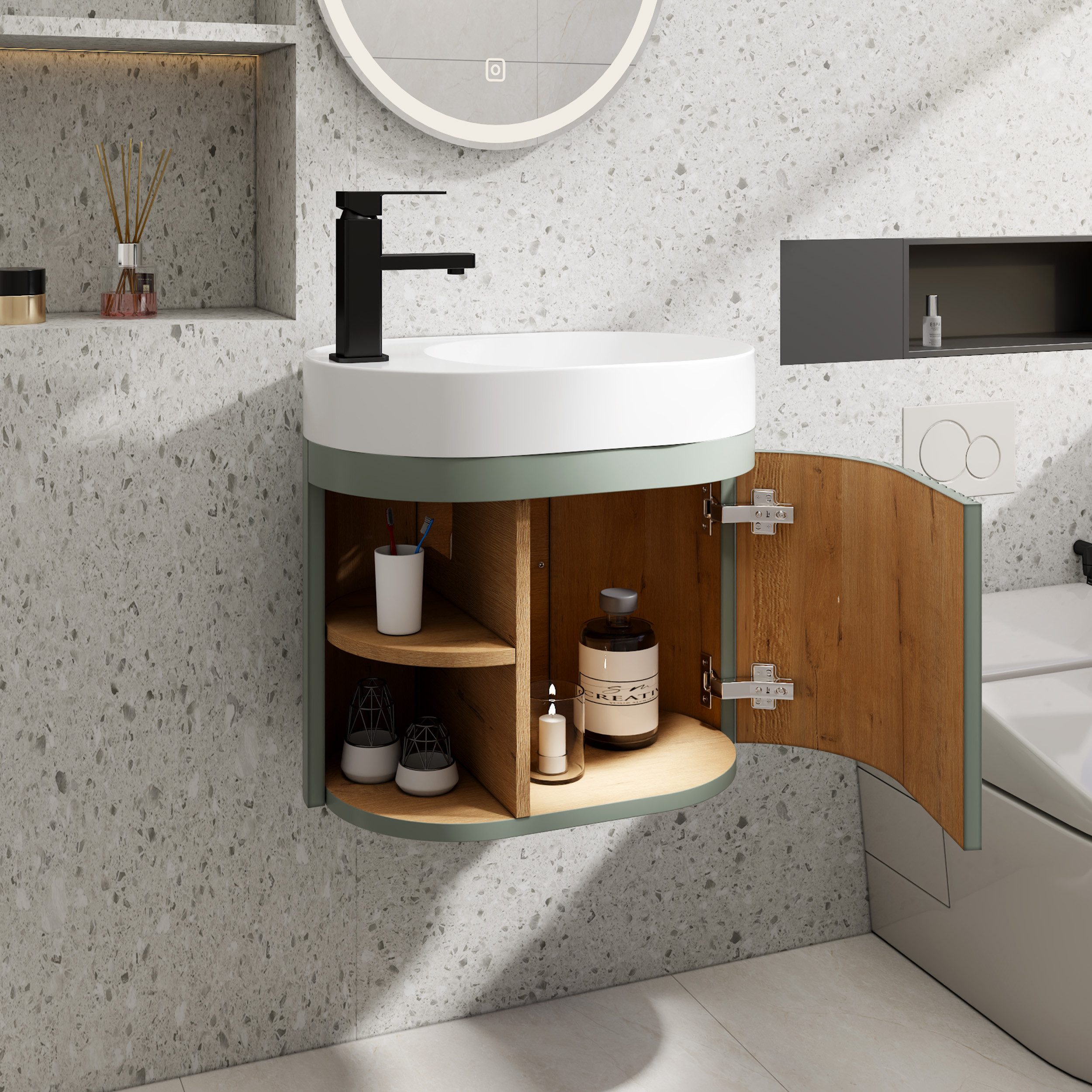 UEV Waschtisch klein Waschbecken mit Unterschrank 50cm gebogen,Gäste-WC (Breit 50cm, Komplett-Set, Badmöbel Set für Badezimmer/Gäste-WC, Unterschrank mit Harzbe – Bild 3 von 5