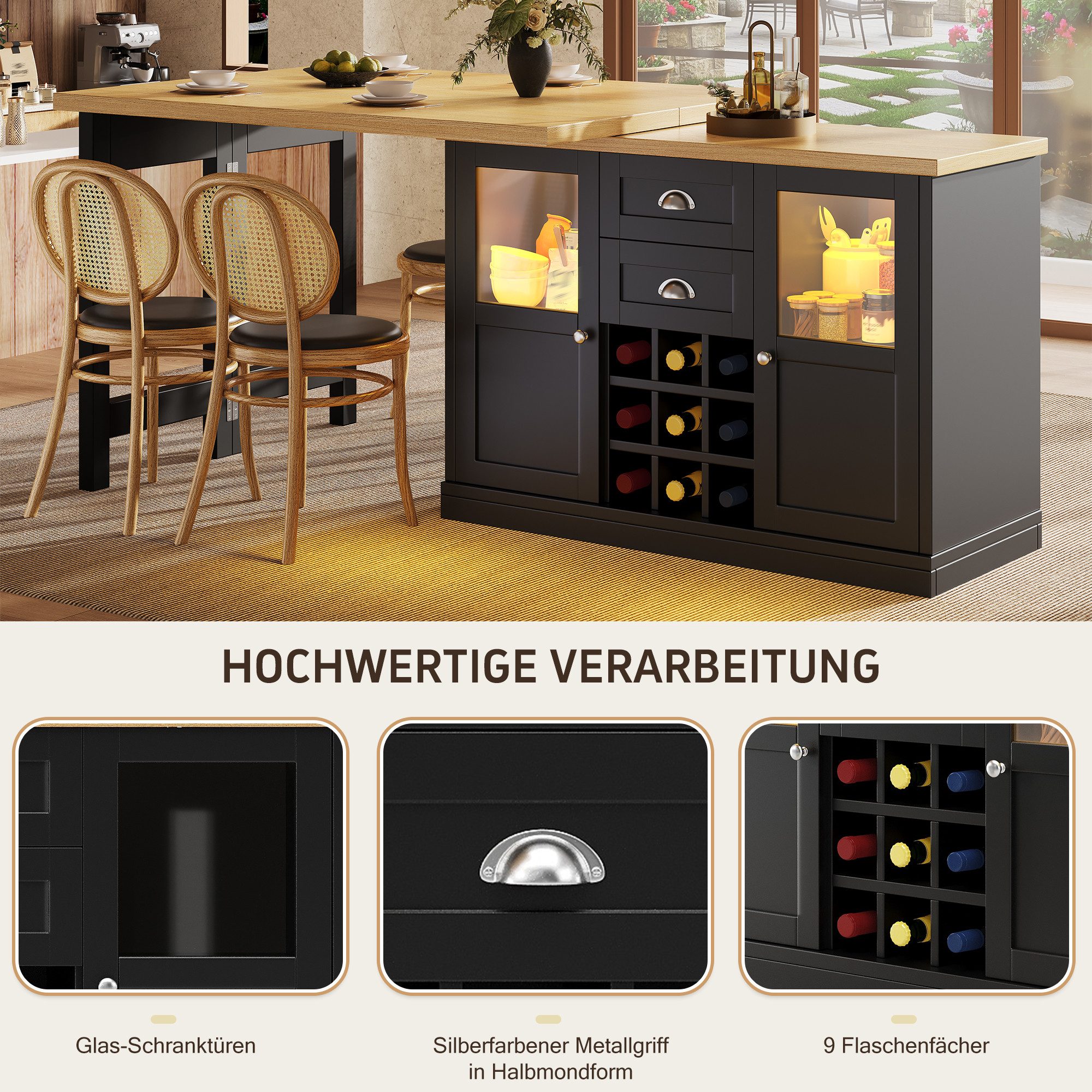 i@home Bartisch Ausziehbarer Kücheninsel, 3-farbiger LED, 120-197cm, 360° drehbar, mit Stauraum & Weinregal