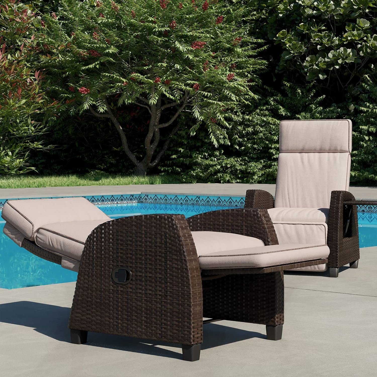 patio Sitzkissen, aus Grand 150 PE-Rattan, | Gartensessel Rückenlehne mit einstellbar mit Dunkelbraun Grad Beistelltisch, Beige