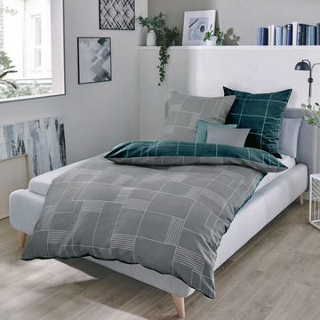 Bettwäsche Satin Uptown in 240x220 + 2x 80x80 cm 08888 smaragd grau kariert, Kaeppel, Mako-Satin, 3 teilig, Wendebettwäsche aus 100% Baumwolle