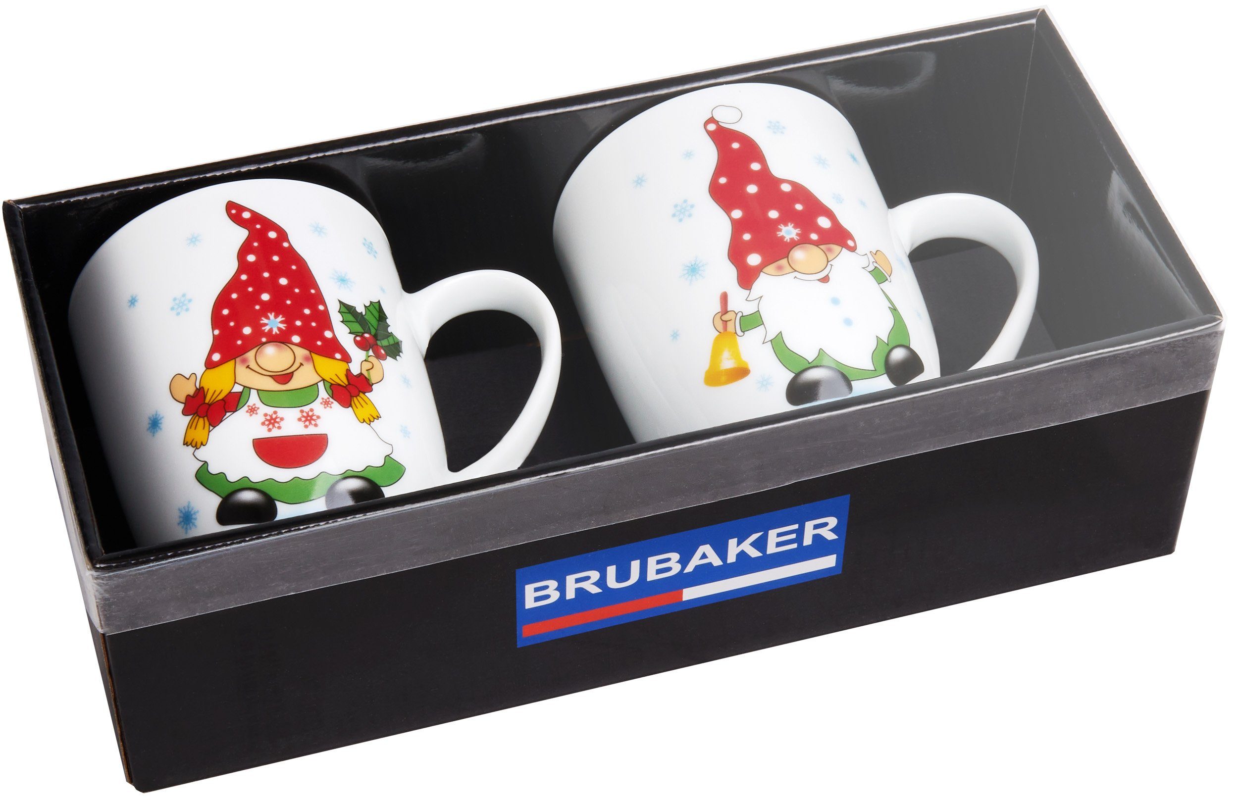 BRUBAKER Tasse Kaffeetassen Weihnachtszwerge mit Gnome - Becher Set 300 Wichtel in Kaffeebecher Weihnachten Geschenkbox - Mug Grußkarte, - Geschenkset Zwergen Keramik, Weihnachtswichtel ml