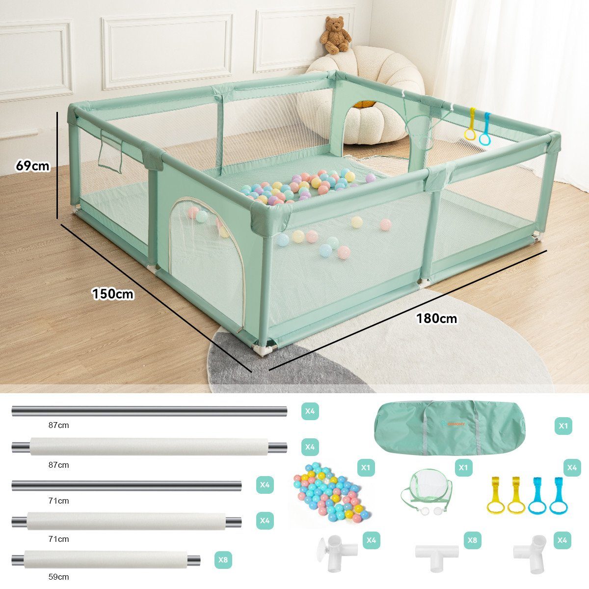 mit Krabbelgitter Laufgitter, Comomy Grün(150x180x66cm) Schutzgitter Kinder Baby Kugeln 180x150x66cm