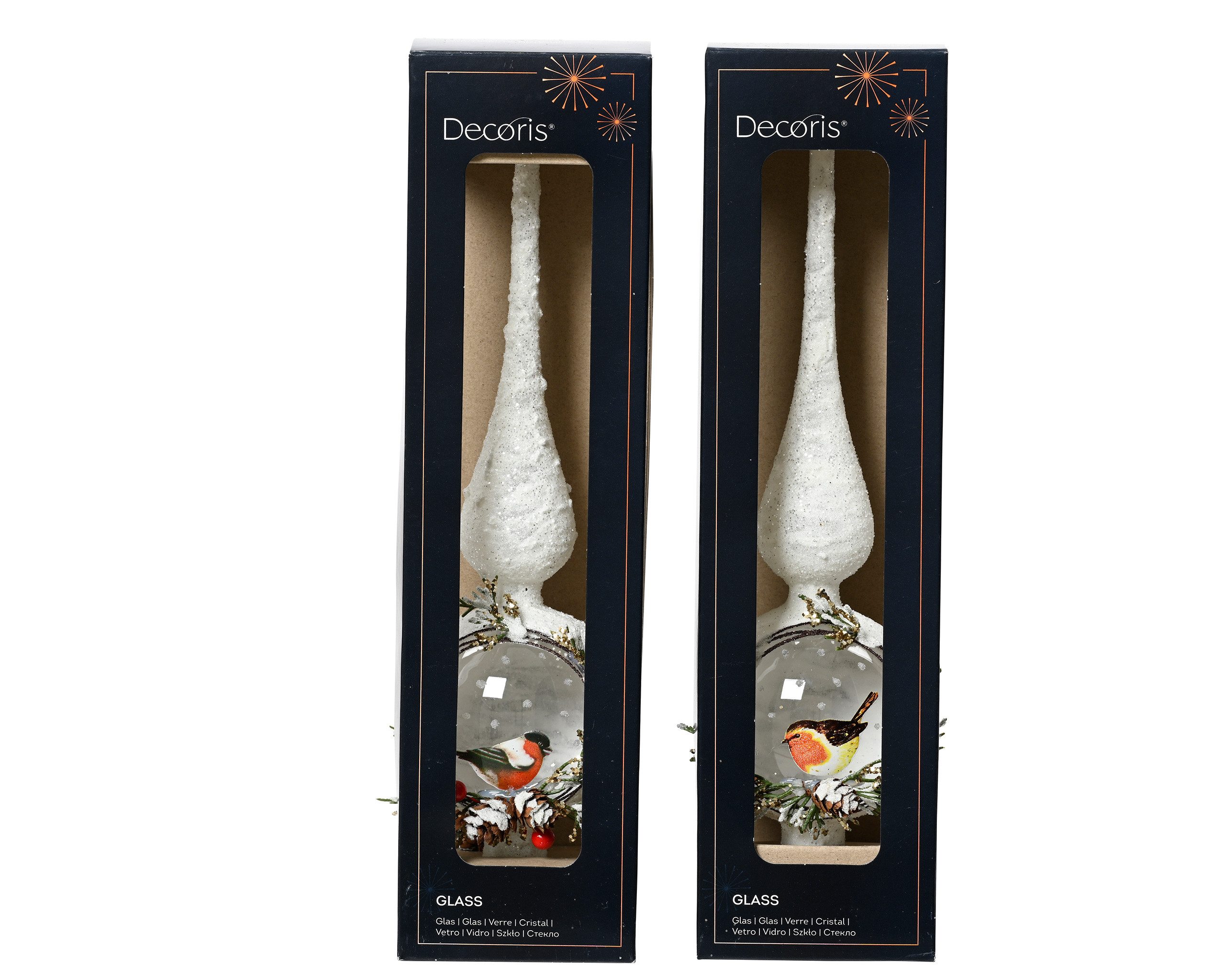 Kaemingk Christbaumspitze, Christbaumspitze Glas 31cm mit Schnee & Vogel Motiv 1 Stück sort. Weiß