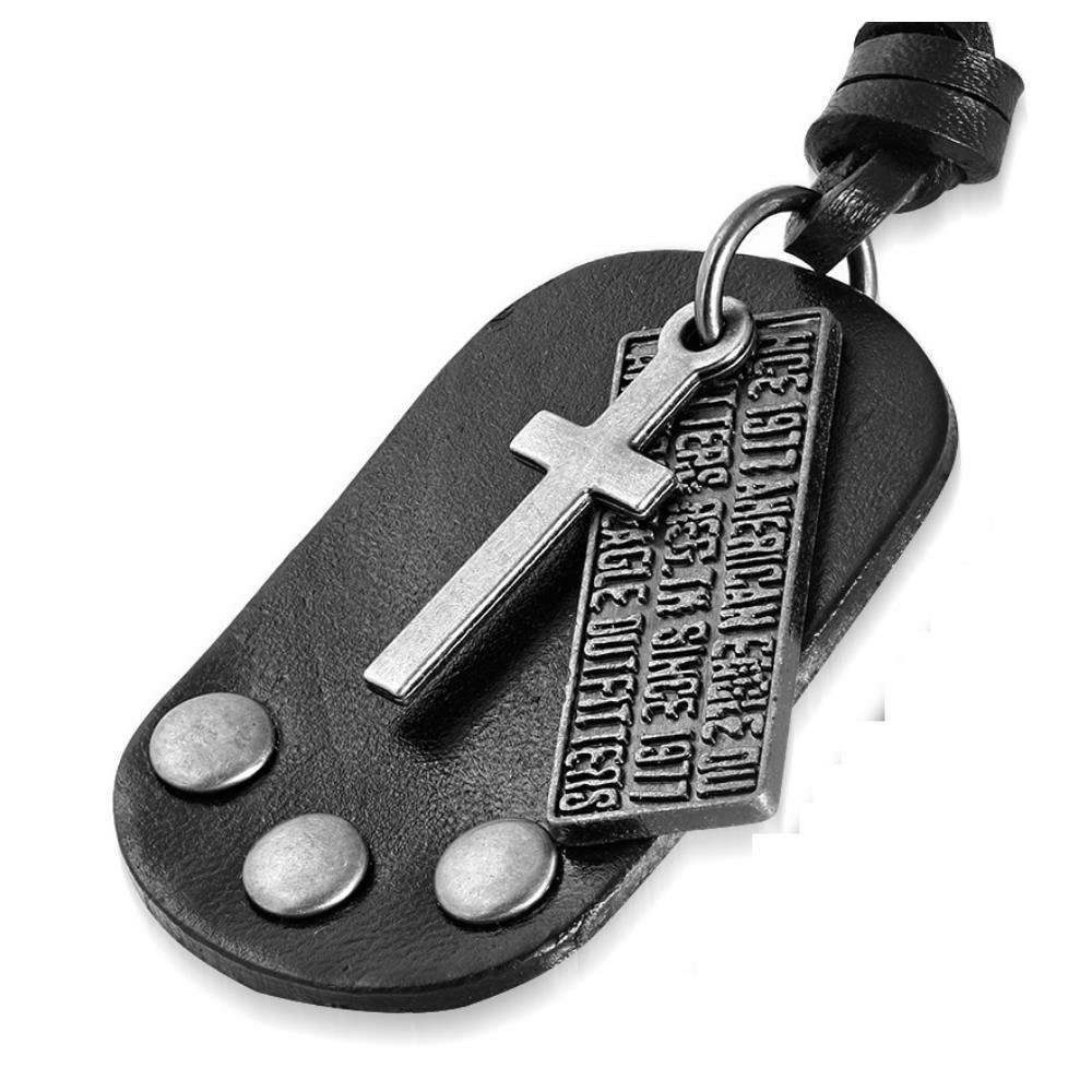 BUNGSA Lederband dreiteilig aus Messing Tag Biker Kette Halskette Leder verschiedene für Necklace Herren / Dog Leder Anhänger schwarz (1-tlg)