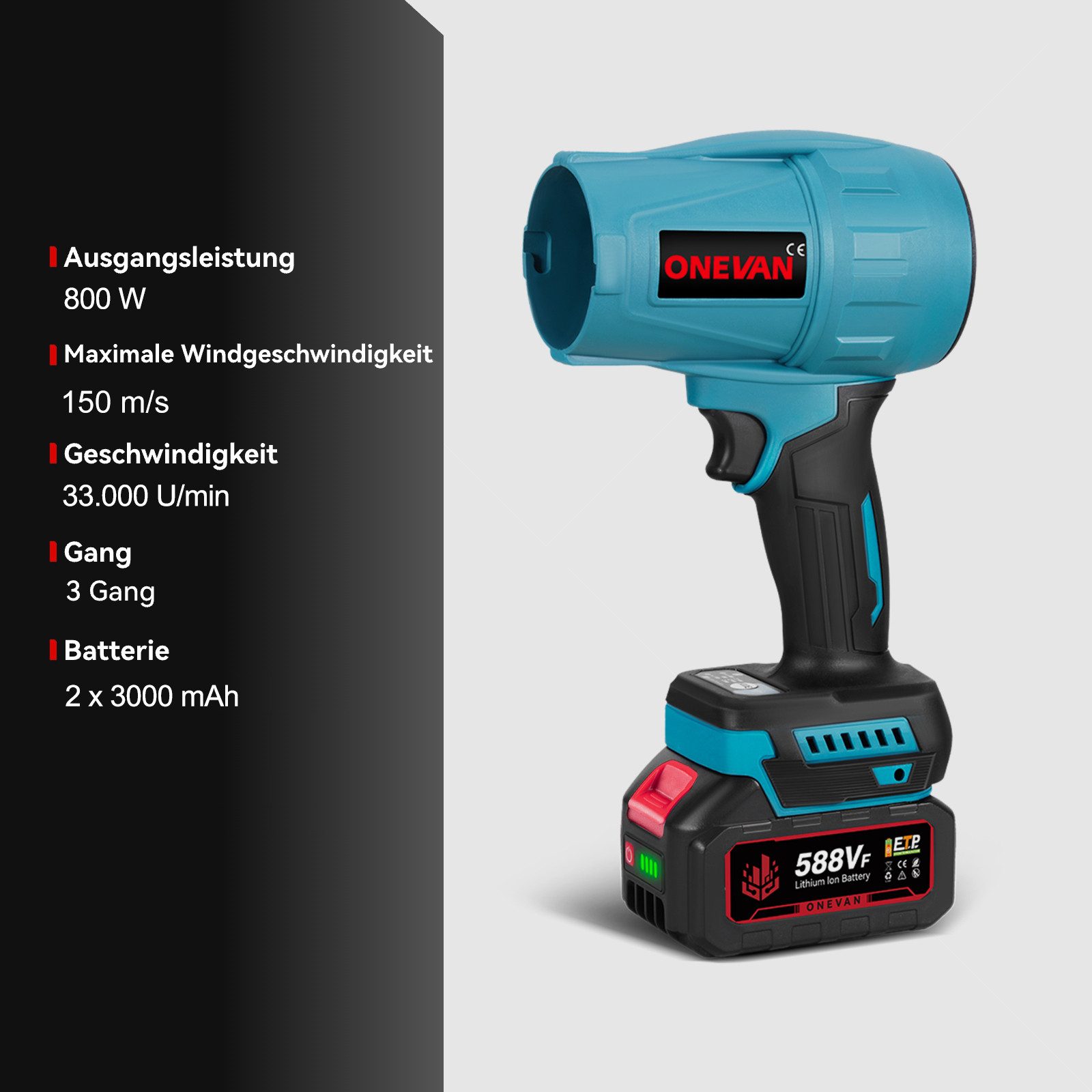 ONEVAN Akku-Laubbläser 540 h/km Elektrischer Gebläse mit 2 x Akkus & 4 x Düse, Bürstenlosen Laubbläser für Garten, Auto, Freien, Haus