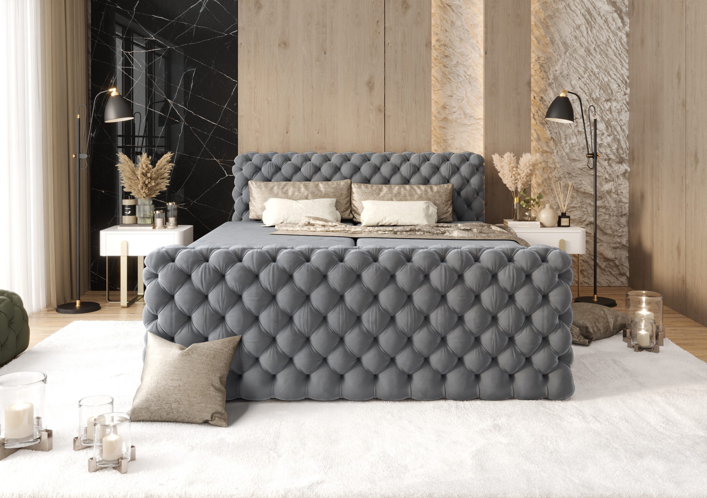 B&B Home Boxspringbett Boxbett Figo IV 180 cm 200 cm (inkl zwei Bettkästen, Multipocket-Matratze und Topper, Chesterfield)