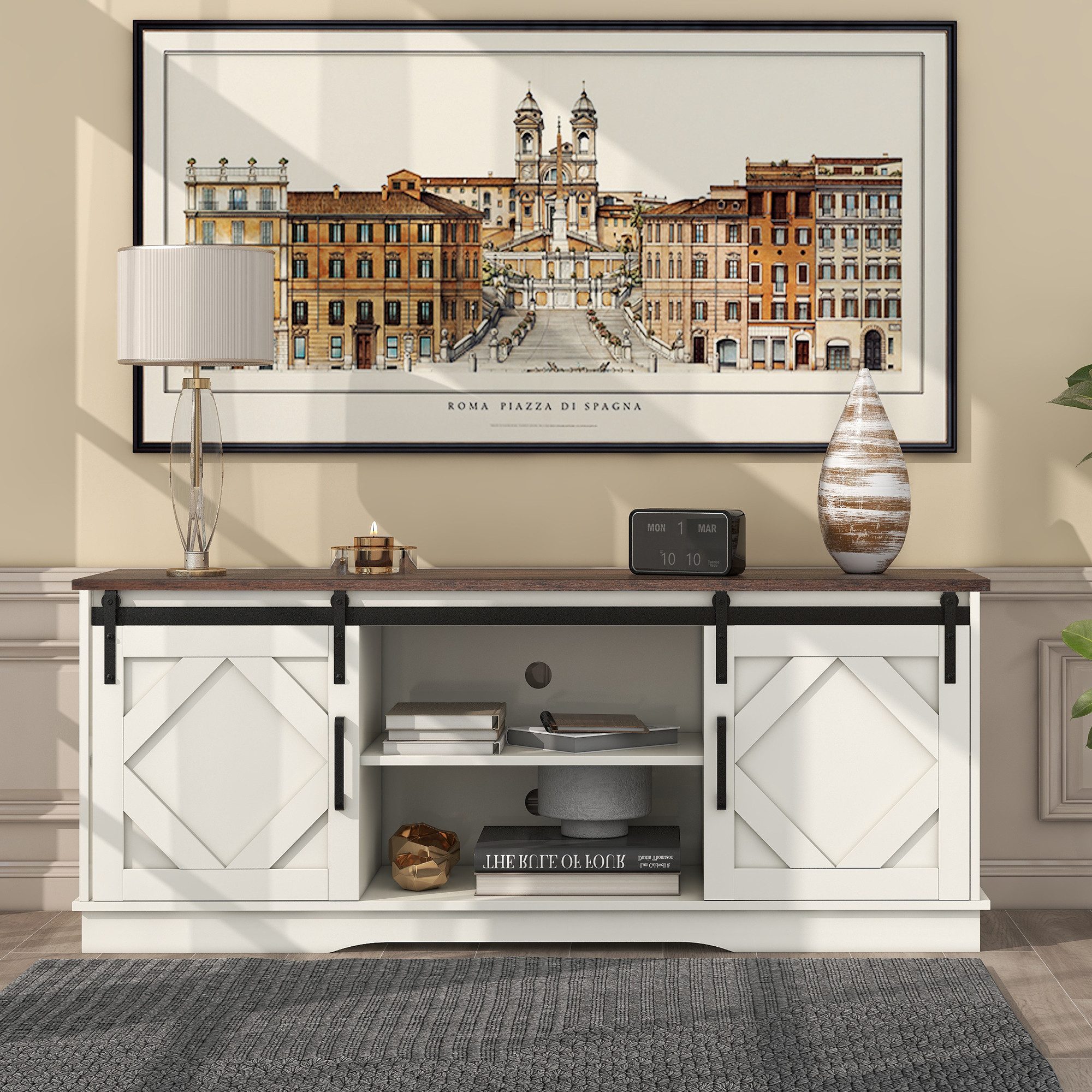 IDEASY TV-Schrank TV-Schrank, Sideboard, Aufbewahrungsschrank, Schiebetür, (Schließfach, Vitrine) 150*40*60 cm, weiß/braun, 2 Kabelführungslöcher, Kabelaufbewahrung