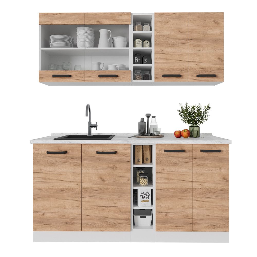 Vicco Küchenzeile R-Line, Goldkraft Eiche/Weiß/Weiß, 160 cm AP Marmor