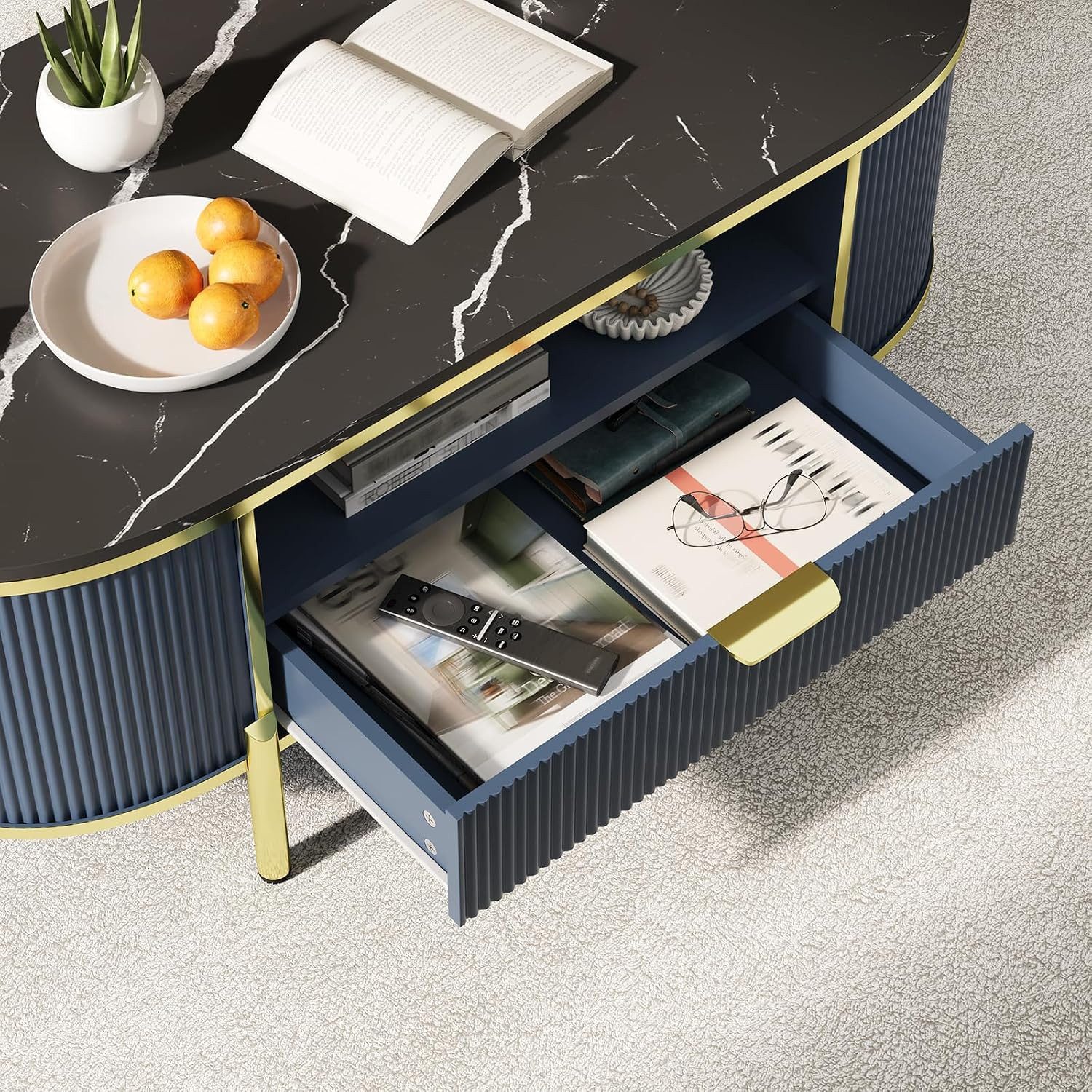 GarveeMore Couchtisch Moderner Luxus-Beistelltisch mit geschwungenem Design 122x56x48cm, geriffeltem Korpus,Tischplatte in Marmoroptik goldenen Metalldetails – Bild 3 von 5
