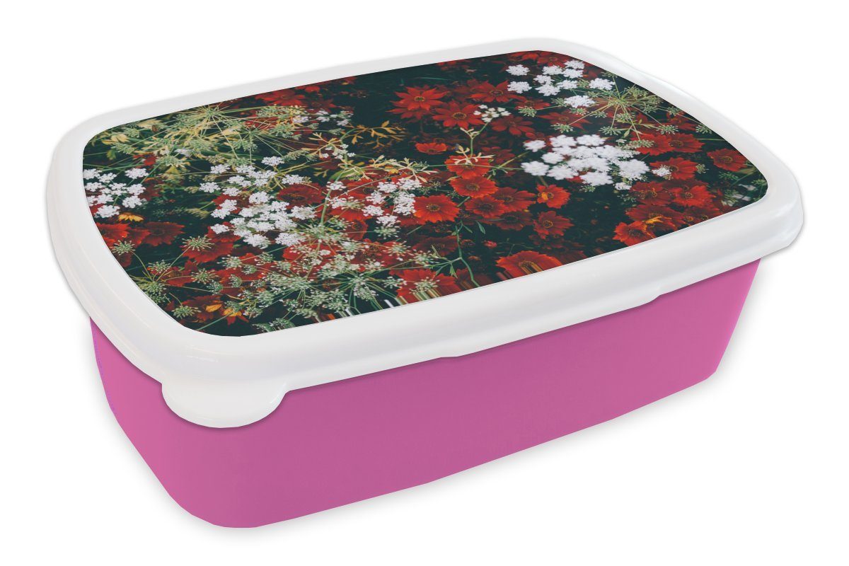 MuchoWow Lunchbox Blumen - Wild - Strauch, Kunststoff, (2-tlg), Brotbox für Erwachsene, Brotdose Kinder, Snackbox, Mädchen, Kunststoff rosa