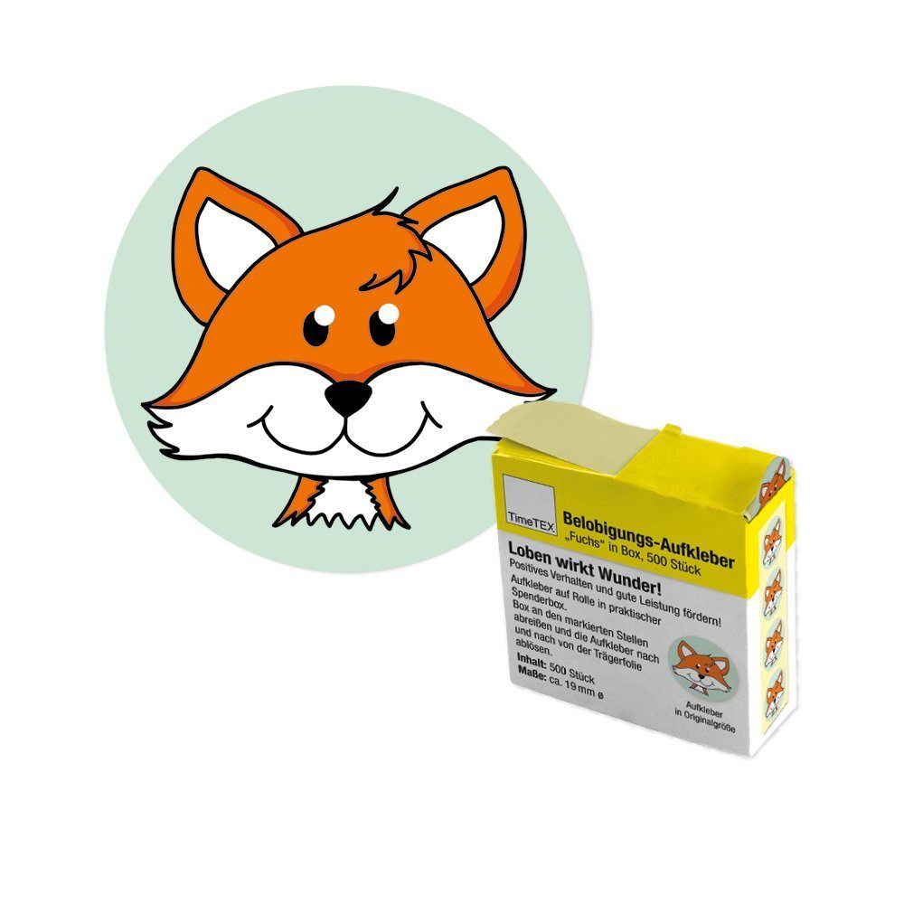 TimeTEX Sticker Belobigungs-Aufkleber "Fuchs" in Spender-Box, 500 Stück