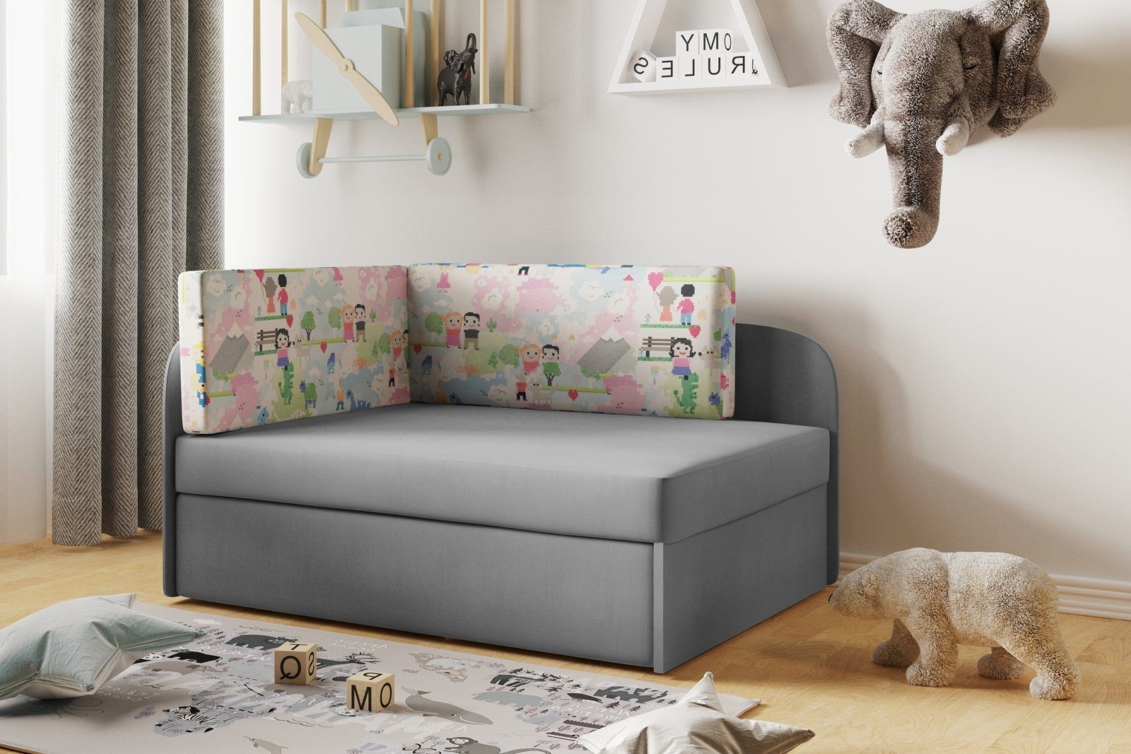 Schlaffunktion mit + Grau 75cm 53 Fabel Bettkasten Beautysofa Sofa Kinderbett Kinderbett SOFI Kindersofa