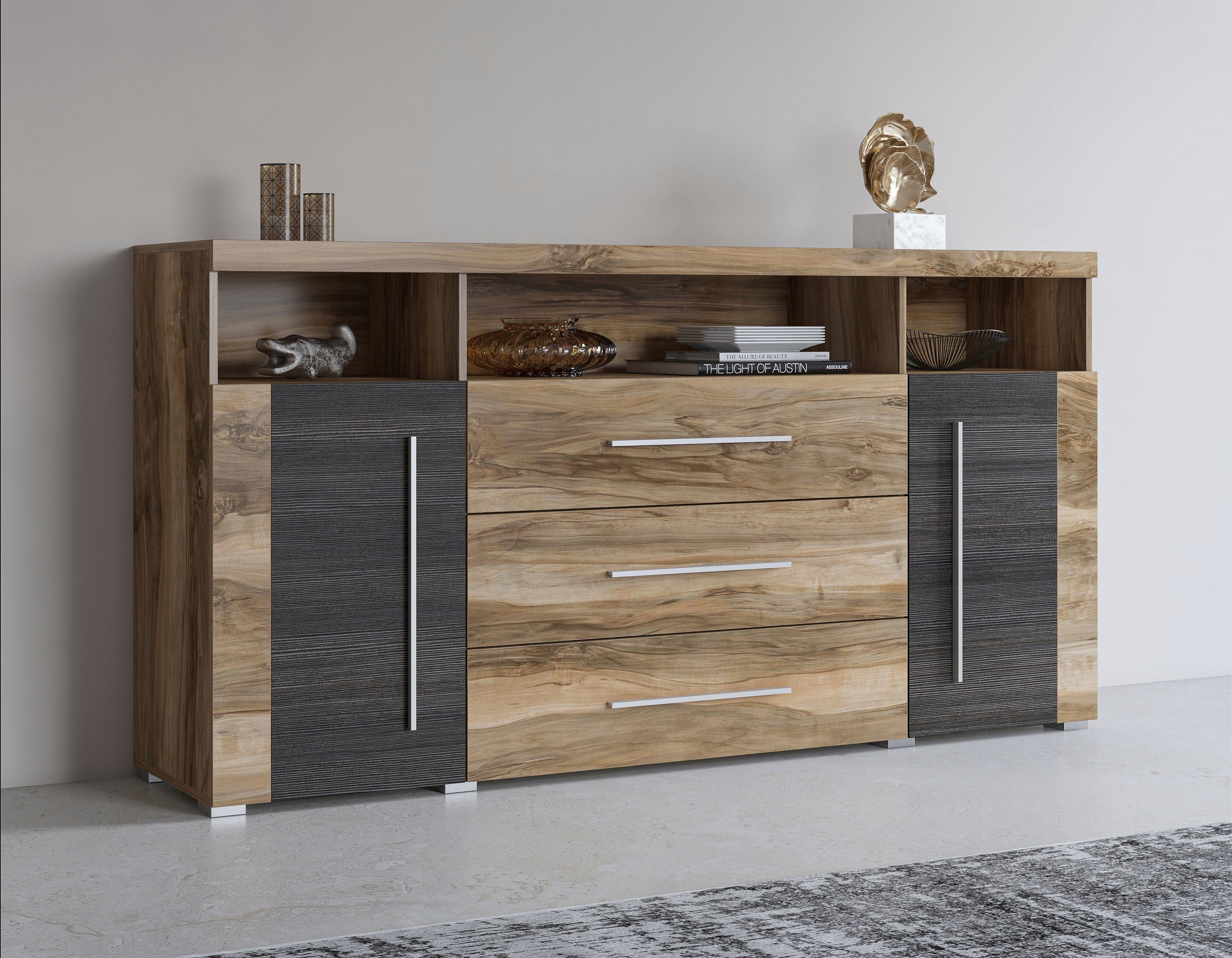 Helvetia Sideboard Roger,Breite 182cm, stilvolle Schrank, 2 Holztüren 3 Schubladen, Kommode mit viel Stauraum, Einlegeböden verstellbar