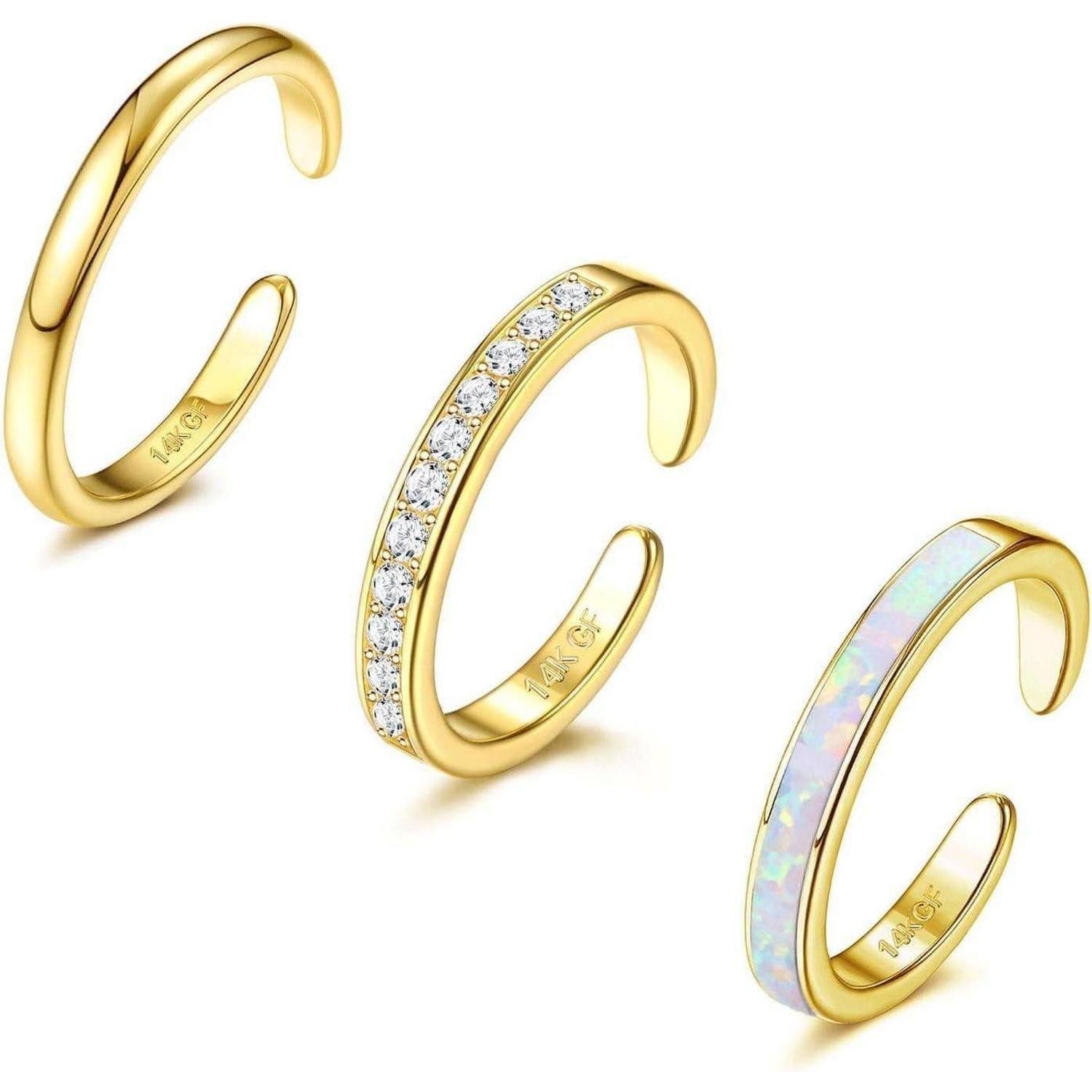 Diamday Piercing-Set Zehenringe 3er Set 14K Goldgefüllt Verstellbar Opal CZ Blume Strand