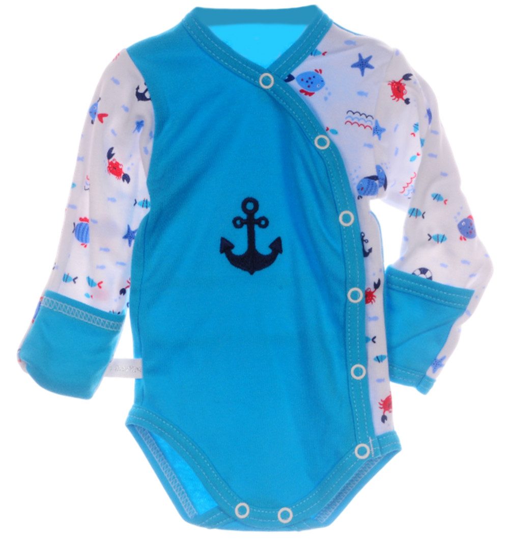 La Bortini Wickelbody Baby Body Langarmbody in türkis mit Anker aus reiner Baumwolle, 44 50 56 62 68 74 80 86 mit Kratzschutz