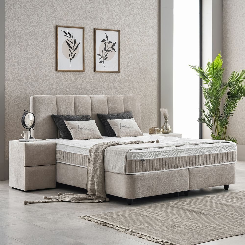 abc bedding Boxspringbett Boxspringbett Komfortbett LUCIA im stilvollen braun beige Stoffdesign (Bett mit Topper, 3-St., inkl. Matratze und Topper), Voll-orthopädisches Schlafsystem inklusive Bettkasten