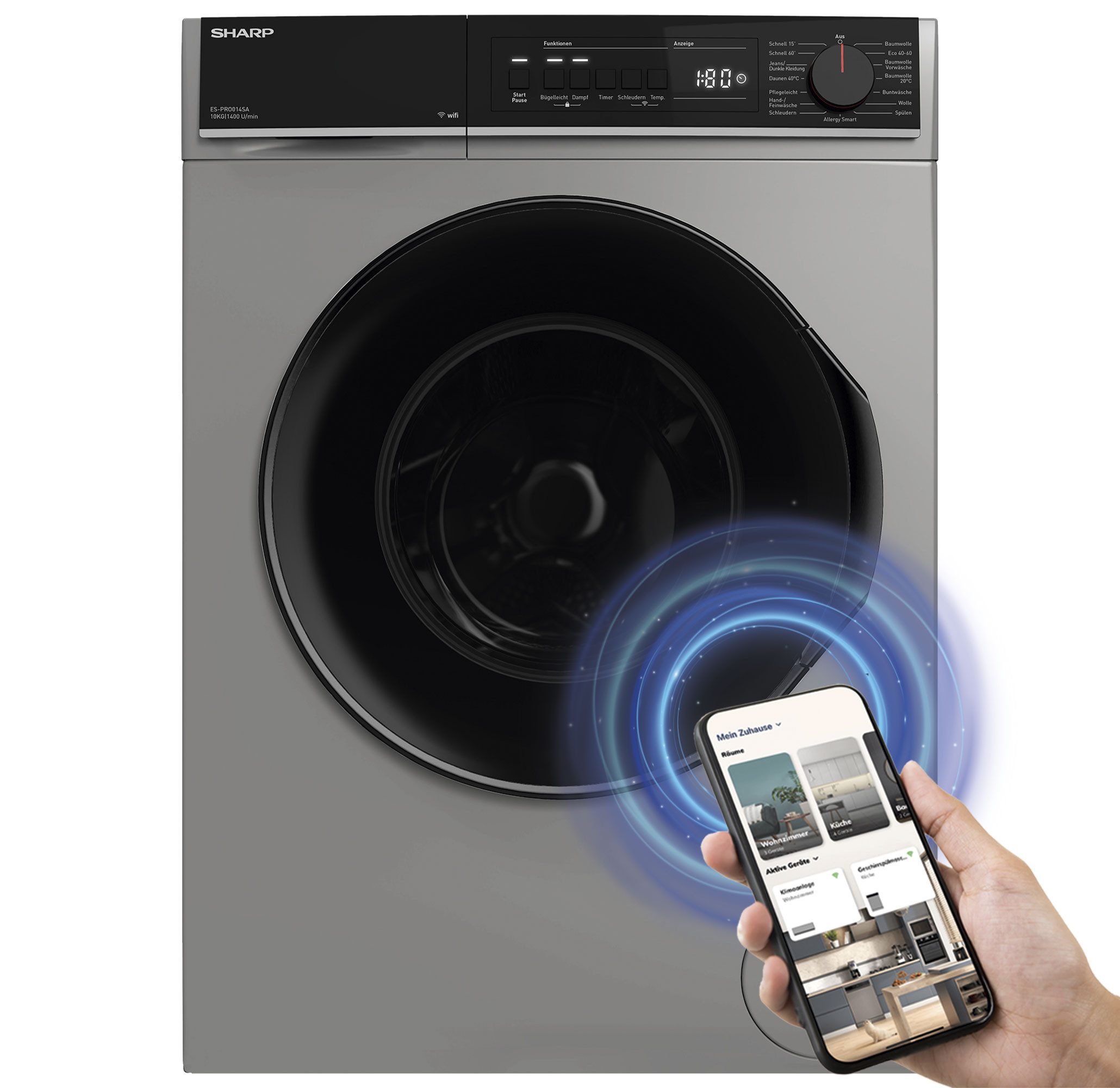 Sharp Waschmaschine ES-PRO014SA-DE, 10 kg, 1400 U/min, Schaumschutz, WaveCabinet, Einfaches Bügeln, WIFI App Steuerbar