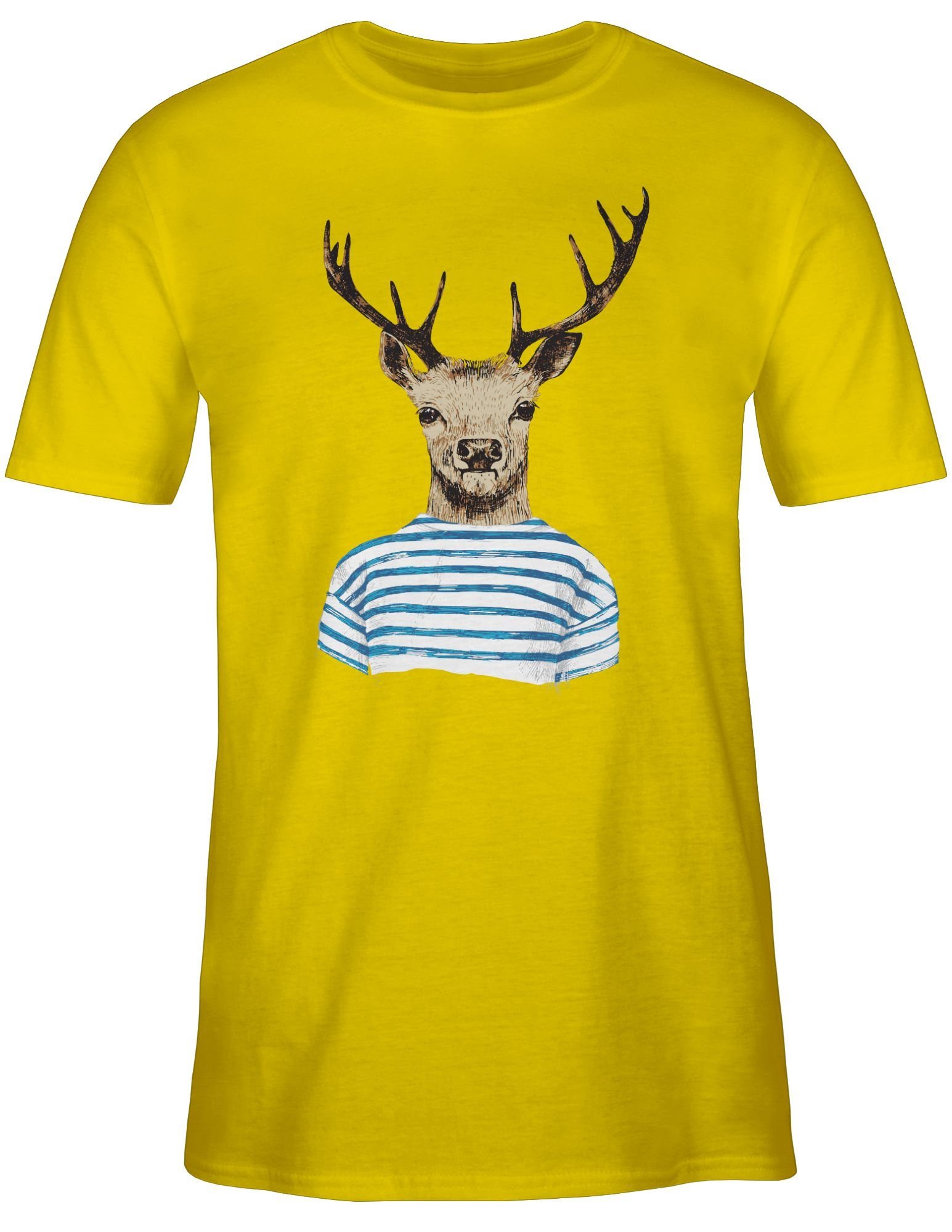 T-Shirt 03 mit für Gelb Oktoberfest Hirsch Shirt Mode Shirtracer Herren gestreiftem