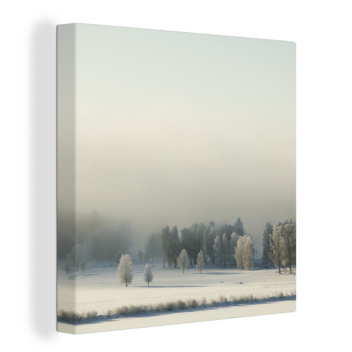 OneMillionCanvasses® Leinwandbild Blick auf eine Winterlandschaft an einem nebligen Tag in Schweden, (1 St), Leinwand Bilder für Wohnzimmer Schlafzimmer