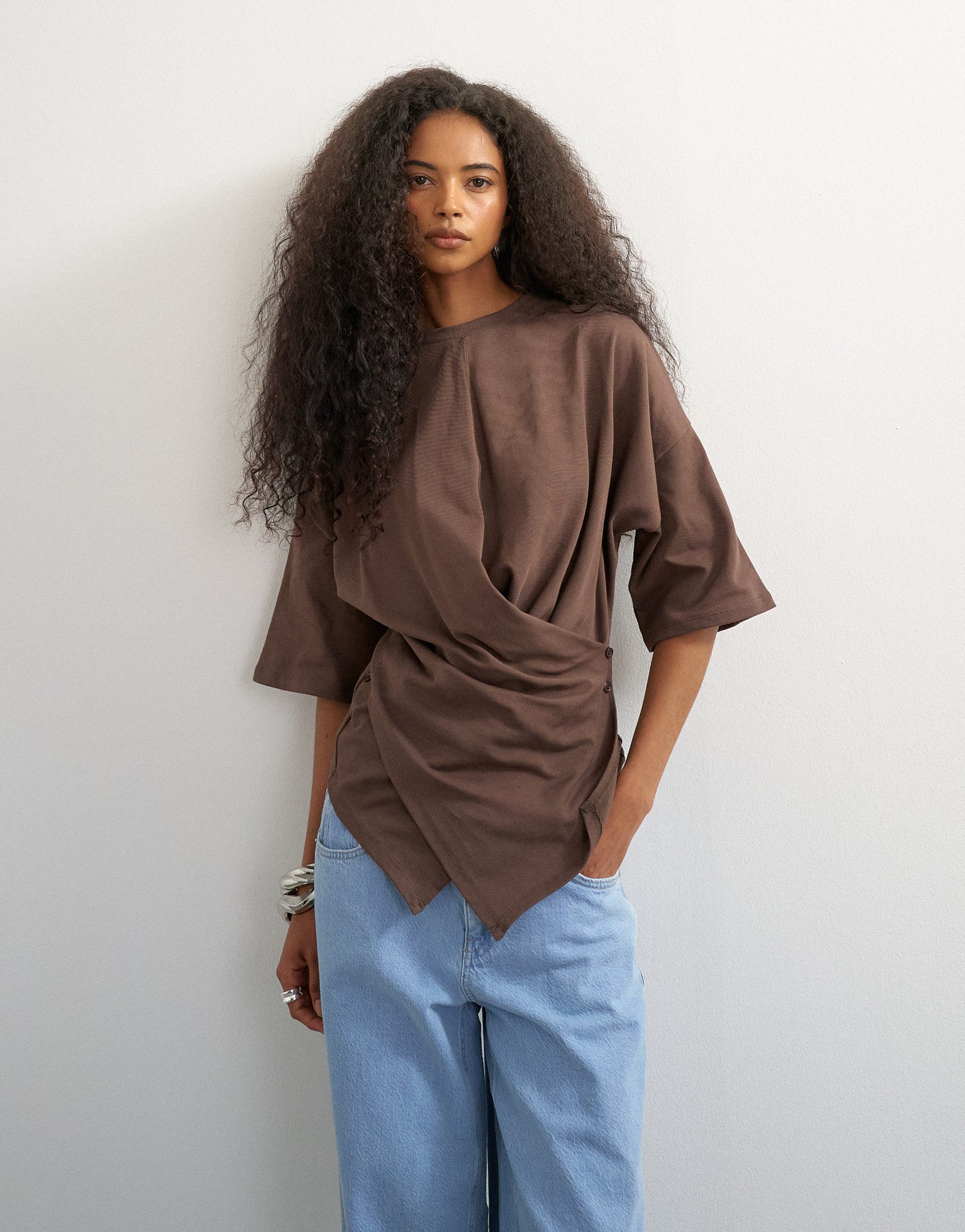 TOPSHOP 3/4-Arm-Shirt TSBETJA S/S WRAP T-SHIRT JRS Baumwollmischung, in Wickeloptik
