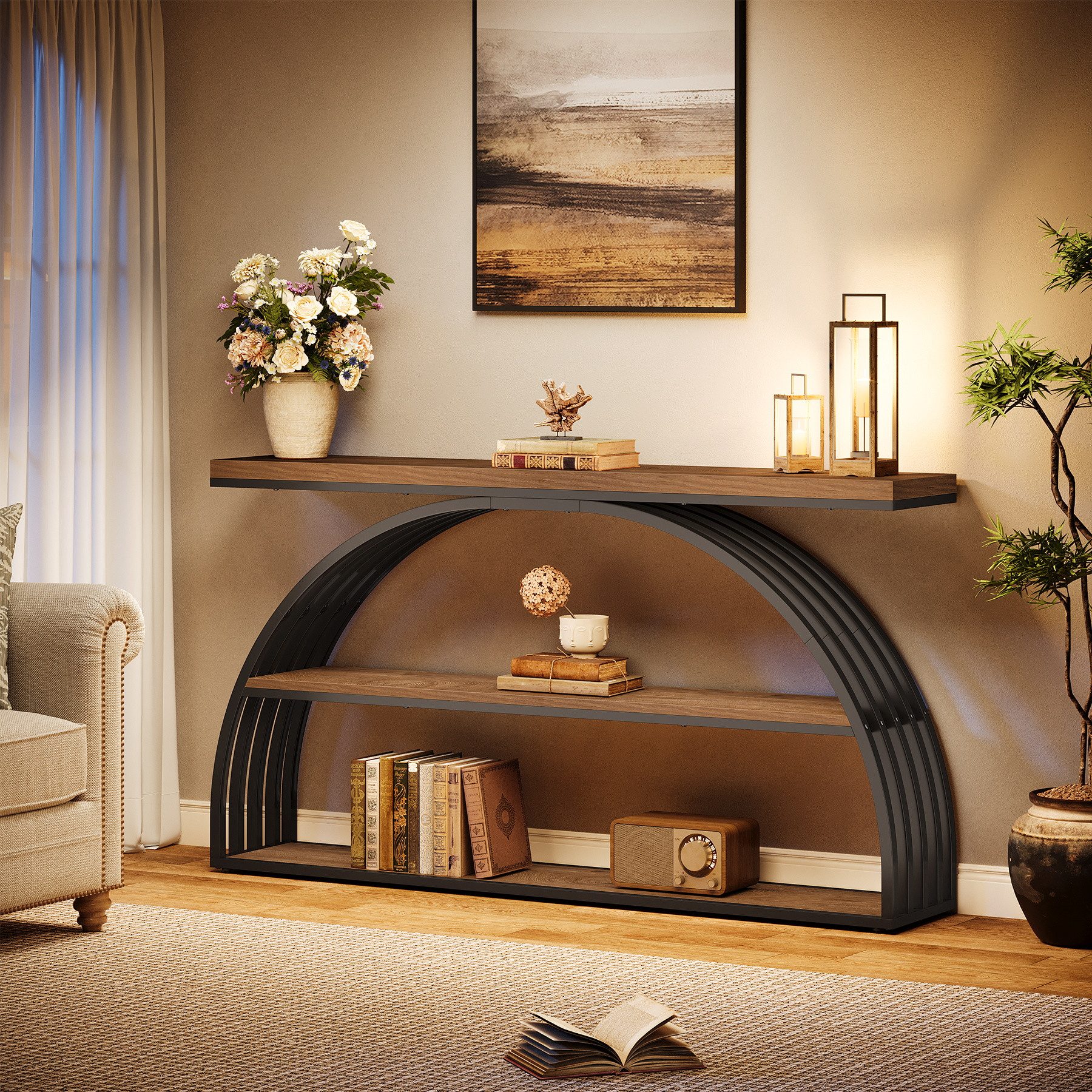 Tribesigns Konsolentisch 160 cm Langer schmaler Sofatisch mit gewölbtem Rahmen mit 3 Ablagen