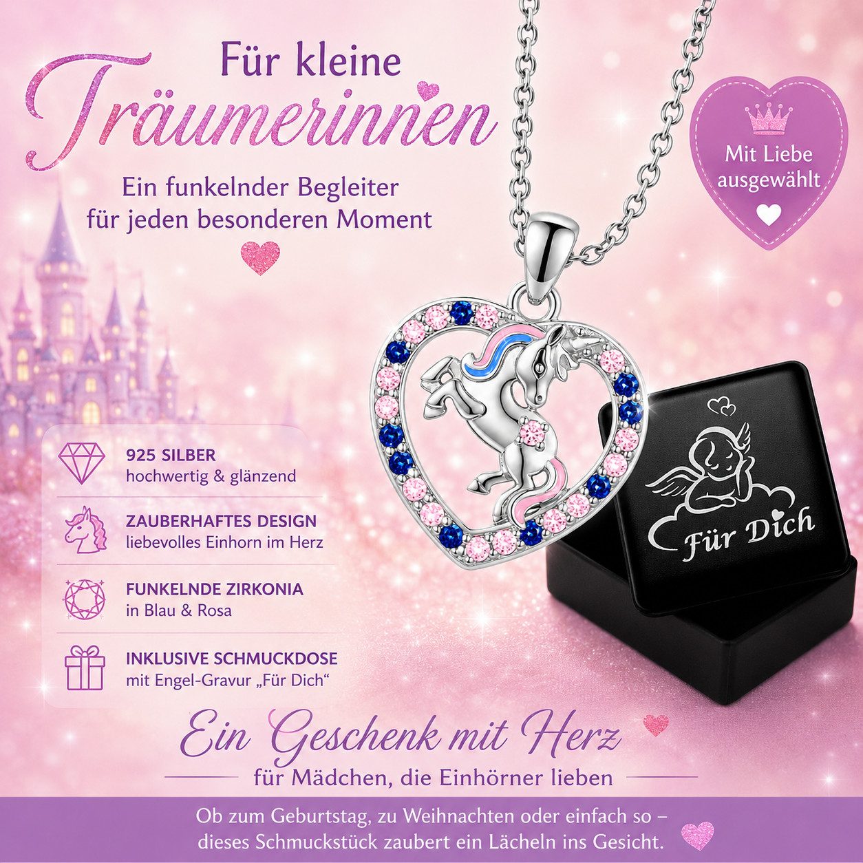 Limana Kette mit Anhänger feine Mädchen Halskette 925 Silber Pferd Einhorn Herz Schmuck (inkl. Schmuckdose), Geburtstag Einschulung Schulanfang Ostern Weihnacht – Bild 2 von 5