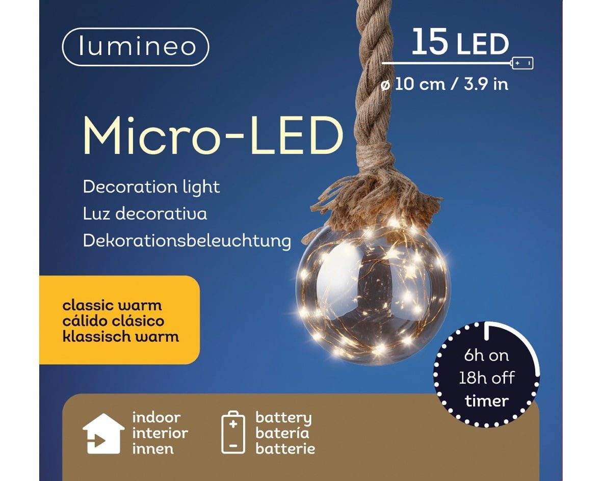 Lumineo LED-Lichterkette Micro LED Glaskugel, 15 LED 10 cm klassisch warm,  Juteband, Indoor, dimmbar, 6h-Timer, Weihnachten, Batteriebetrieben,  Dekoration