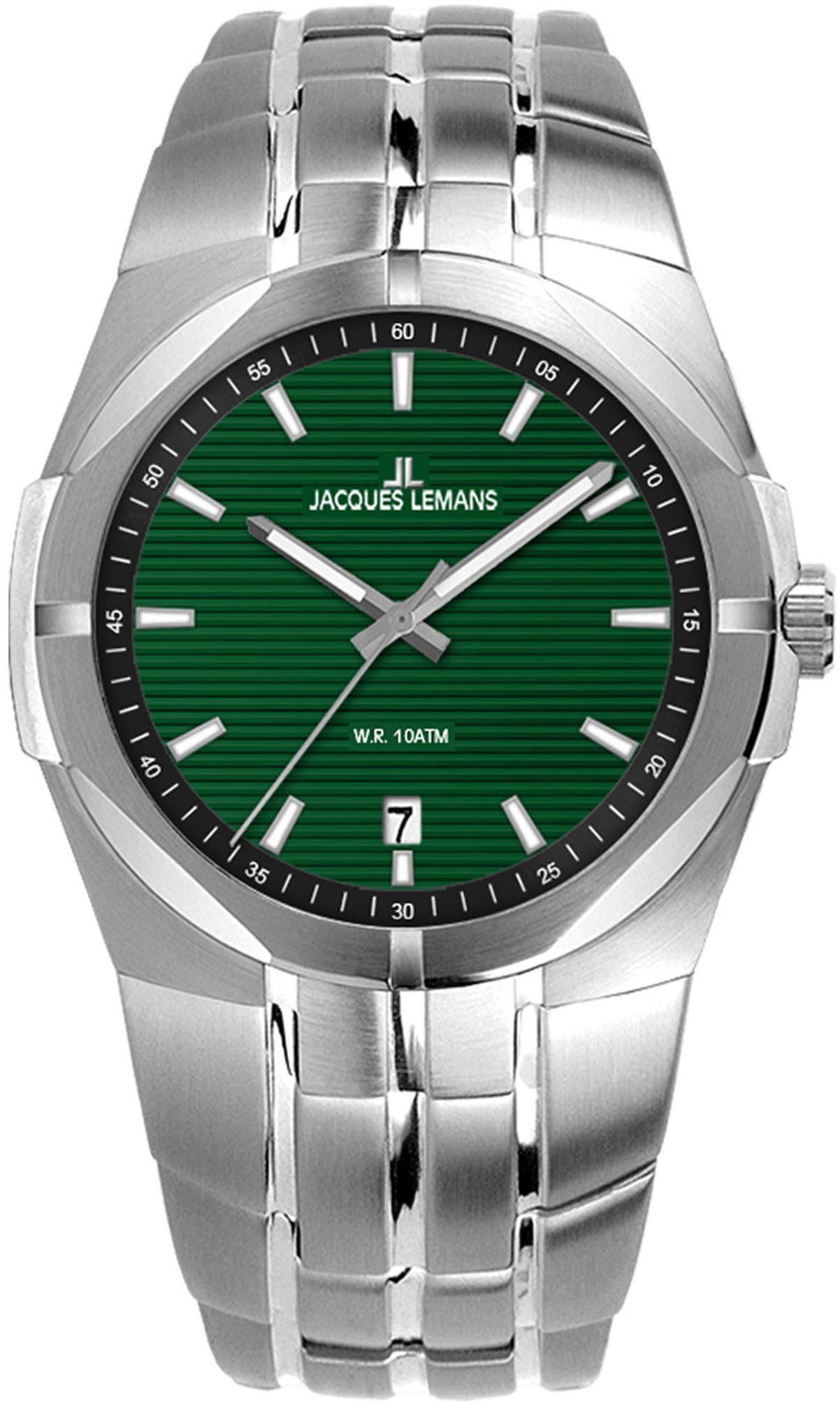 Jacques Lemans Quarzuhr Monte Carlo 1-2177D, Armbanduhr, Herrenuhr, Datum, Leuchtzeiger, Edelstahlarmband