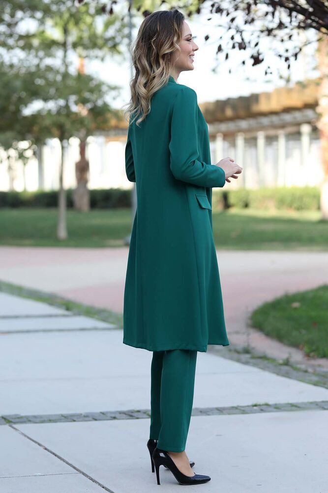 Modavitrini pantsuit two-piece women's suit long-sleeved long blazer with trousers modest fashion (suit set) open front without closure