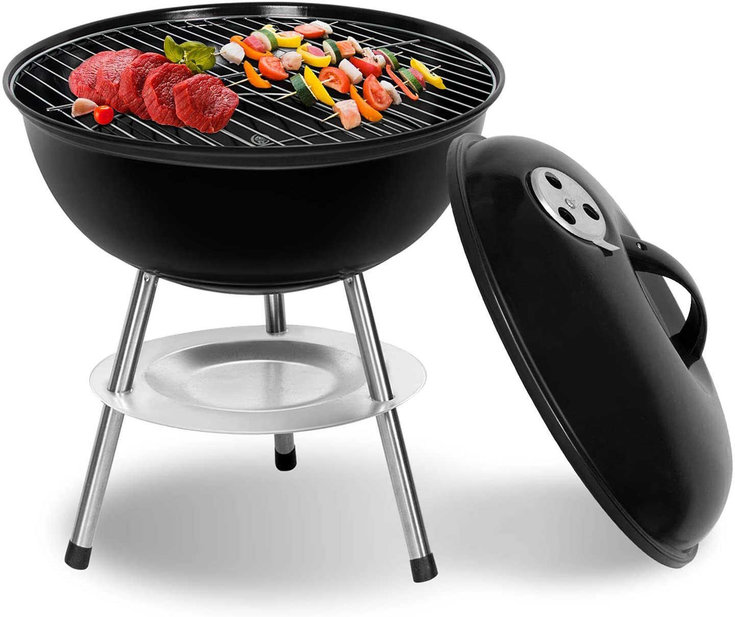 SunJas Holzkohlegrill Kugelgrill Campinggrill CA-20 mit Luftventilen Deckel und Rädern, Ø36,6 cm Geeignet für 3-5 Personen, BBQ Grills XL Standgrill Grillwagen Rundgrill kohlegrill